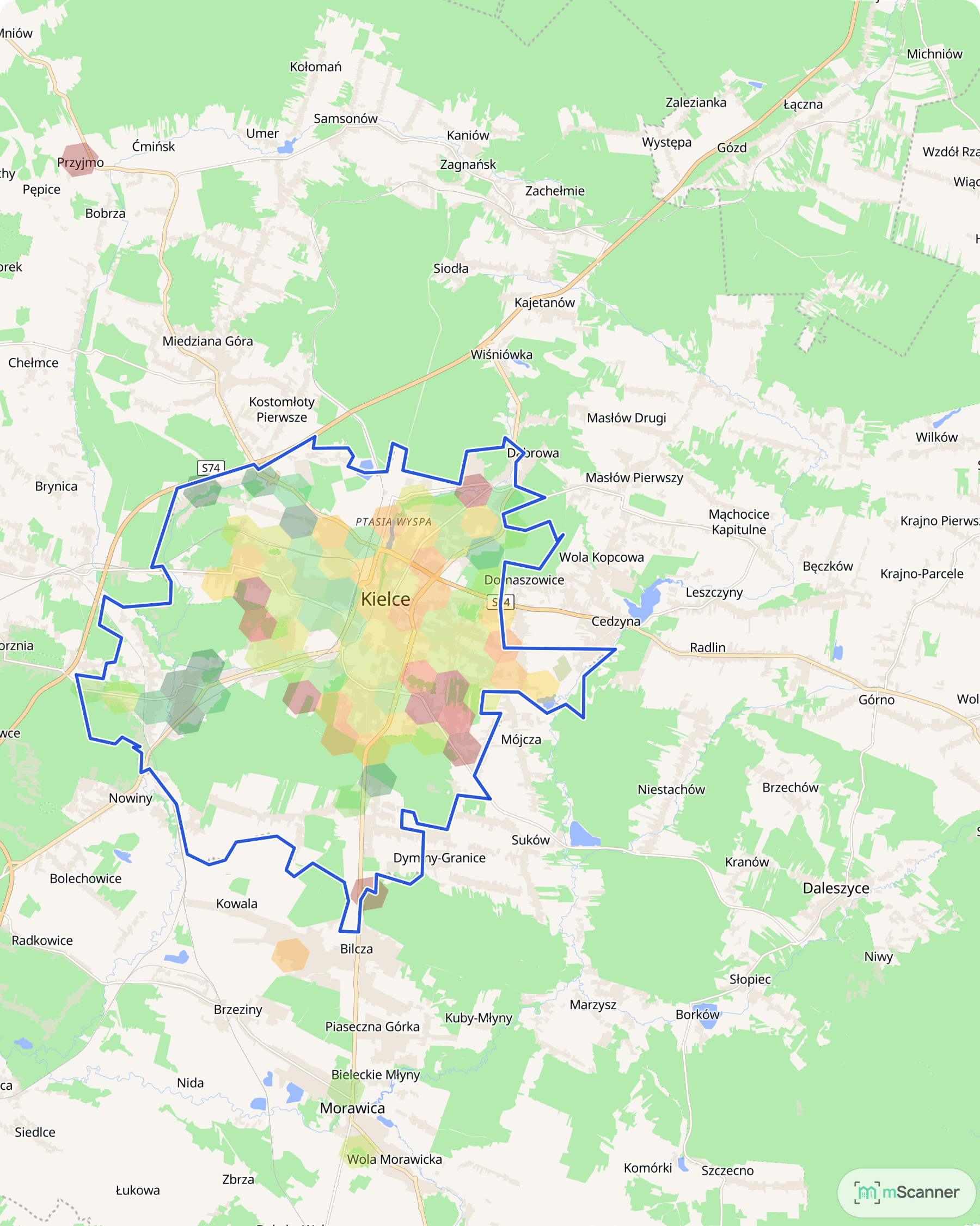 Mapa cen transakcyjnych mieszkań w Kielcach i gminie Masłów, z niebieskim obrysem granic Kielc i polami cen rozciągającymi się od miasta na północny wschód, w stronę Masłowa.
