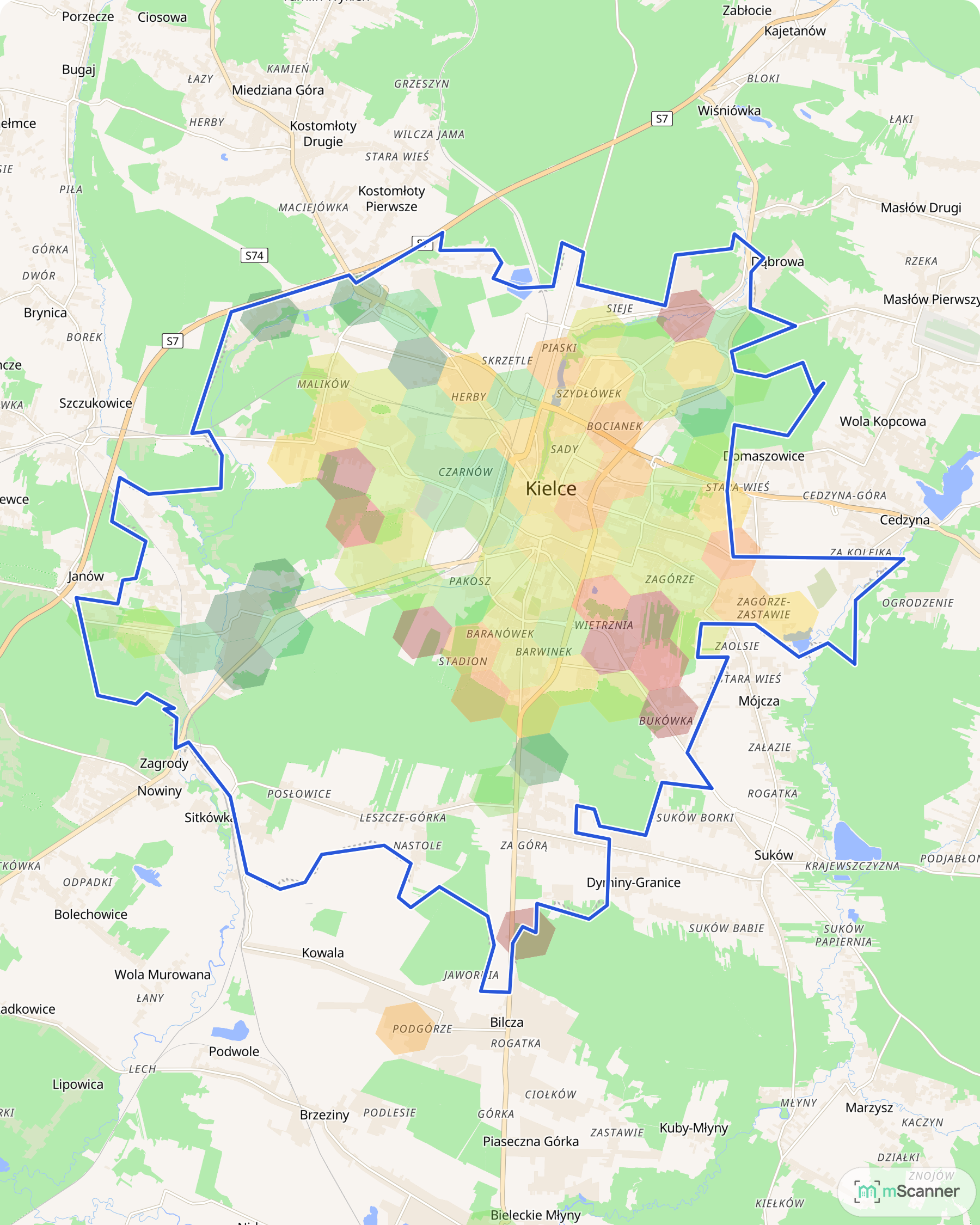 Mapa cen transakcyjnych mieszkań w Kielcach, z niebieskim obrysem granic miasta i sześciokątnymi polami cen. Najciemniejsze pola leżą na wschód i południe od centrum, wokół Zagórza i Bukówki.
