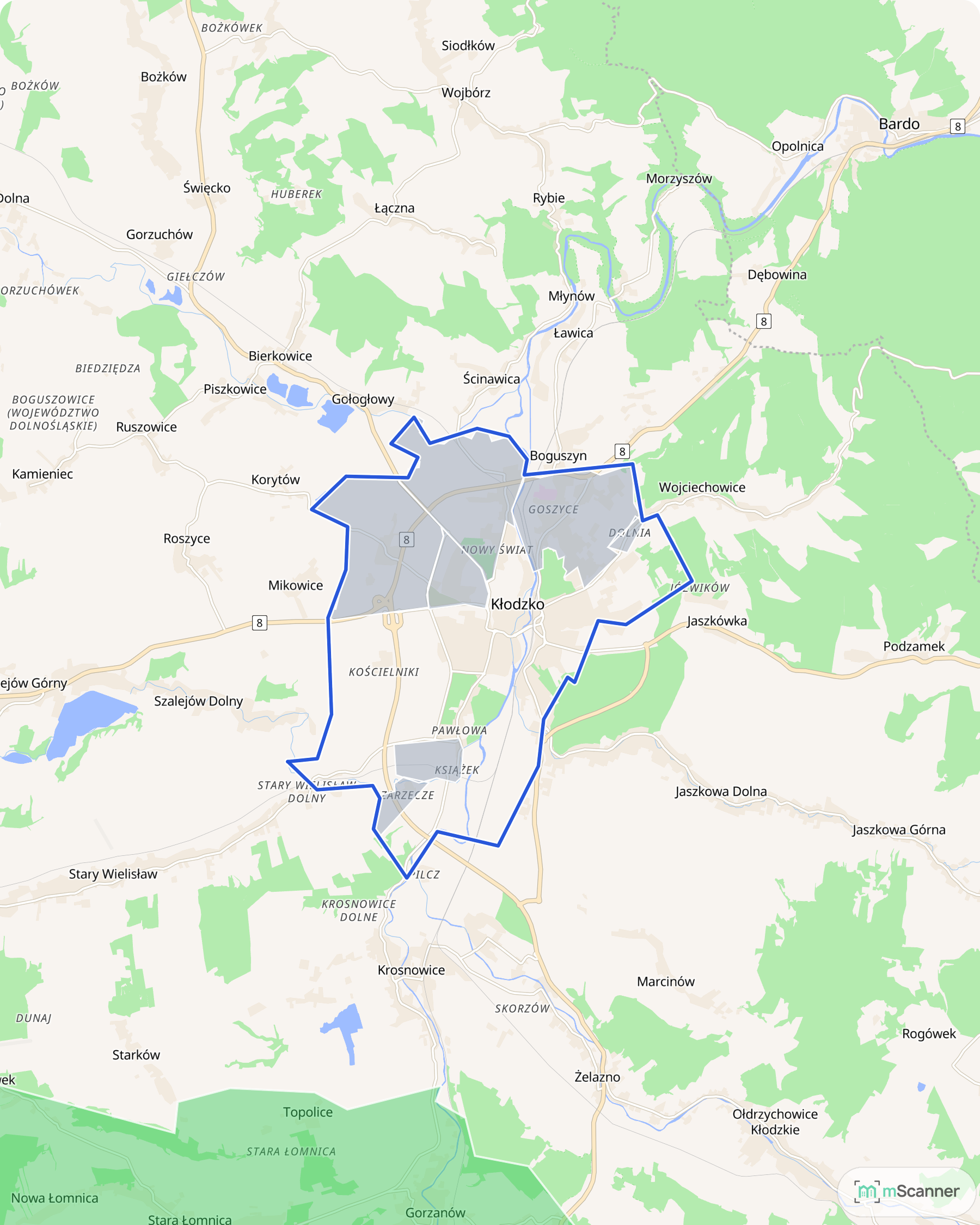 Mapa cen transakcyjnych mieszkań w Kłodzku, z niebieskim obrysem granic i kolorowanymi obszarami cen.