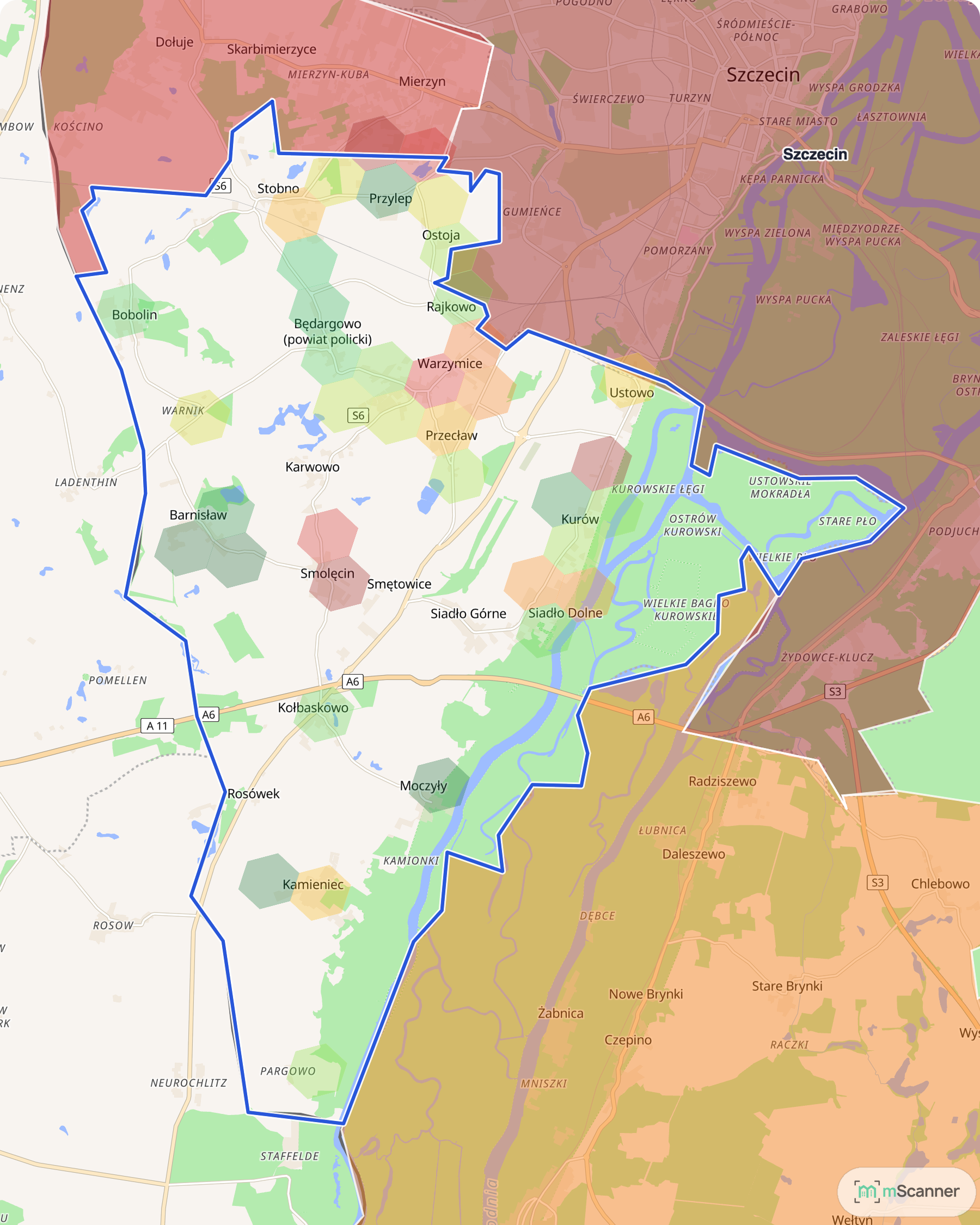Mapa cen transakcyjnych mieszkań w gminie Kołbaskowo, z niebieskim obrysem granic i kolorowanymi obszarami cen.
