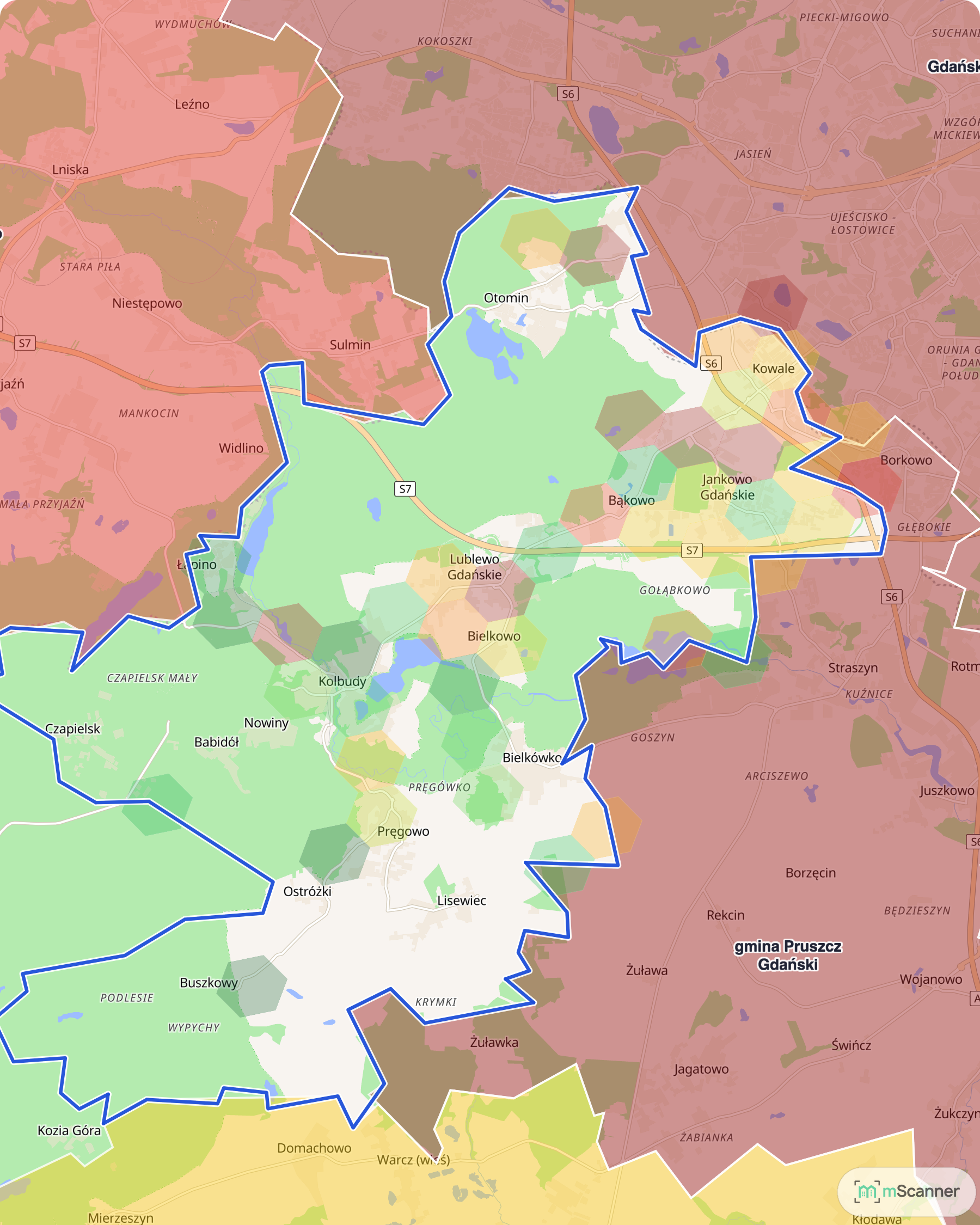 Mapa gminy Kolbudy z niebieską granicą administracyjną i siatką sześciokątów pokolorowanych według mediany ceny transakcyjnej, na Pojezierzu Kaszubskim przy granicy Gdańska