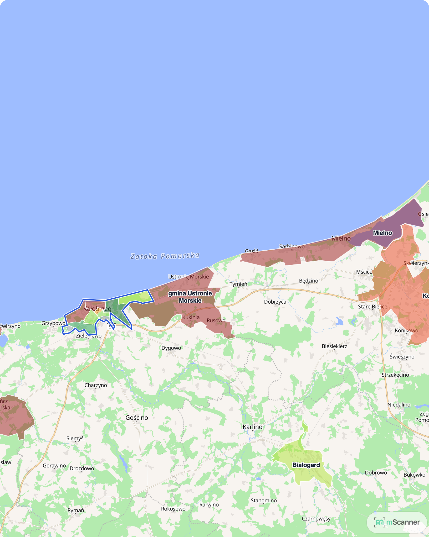 Mapa cen transakcyjnych mieszkań w Kołobrzegu, Ustroniu Morskim i Mielnie, z niebieskim obrysem granic i kolorowanymi obszarami cen.