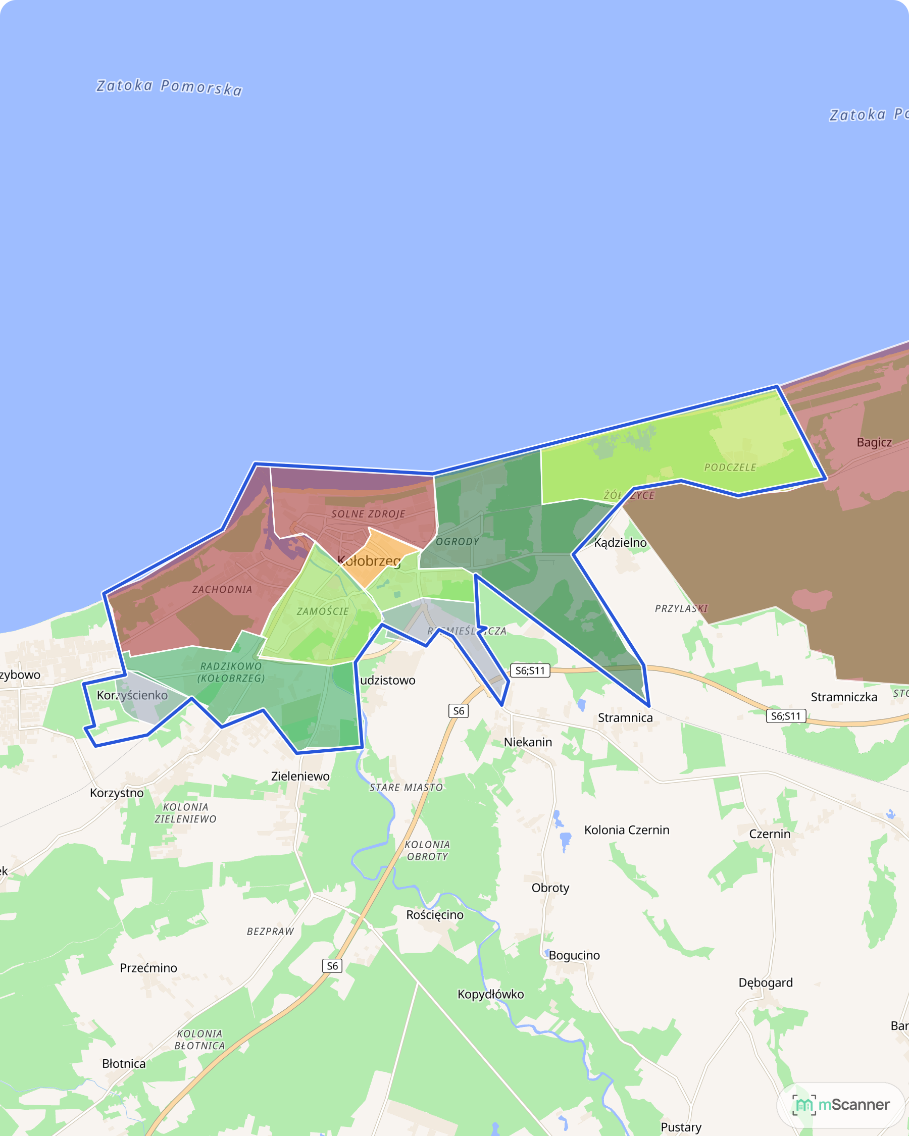 Mapa cen transakcyjnych mieszkań w Kołobrzegu, z niebieskim obrysem granic i kolorowanymi obszarami cen.