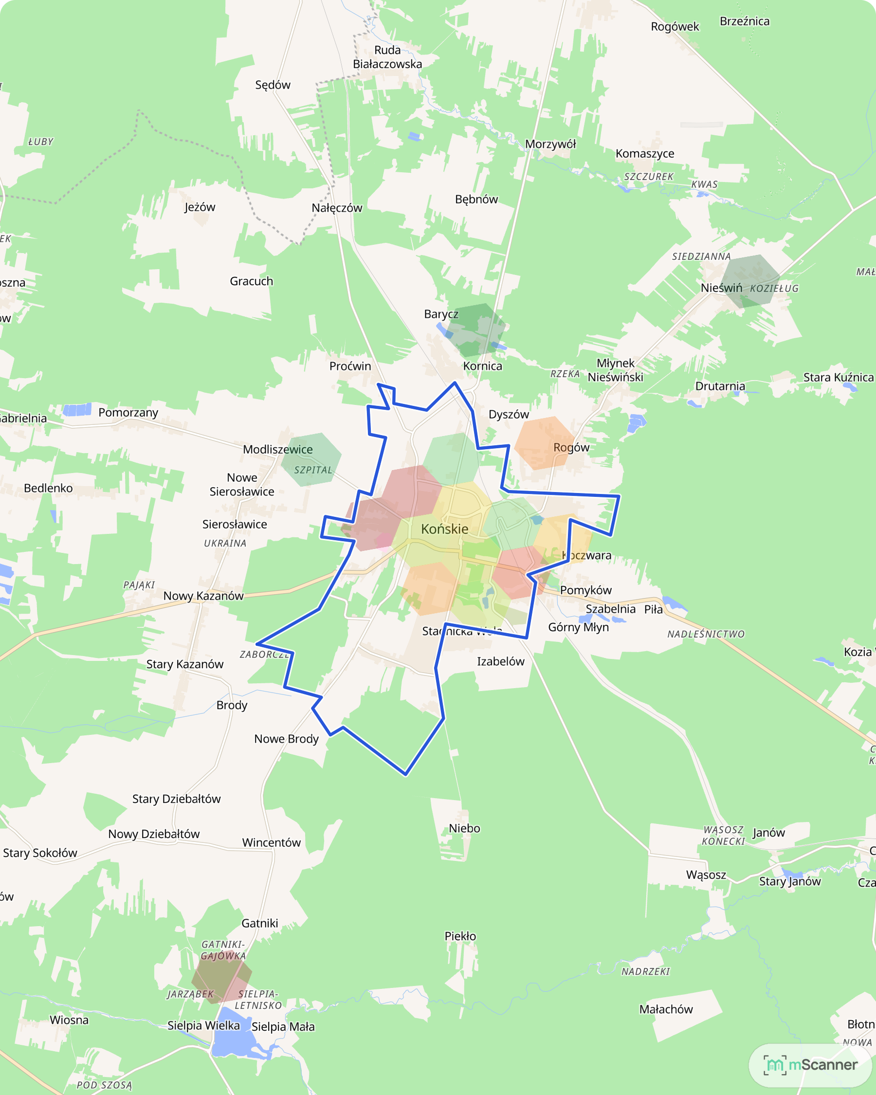 Mapa cen transakcyjnych mieszkań w Końskich, z niebieskim obrysem granic gminy i polami cen skupionymi w samym mieście.