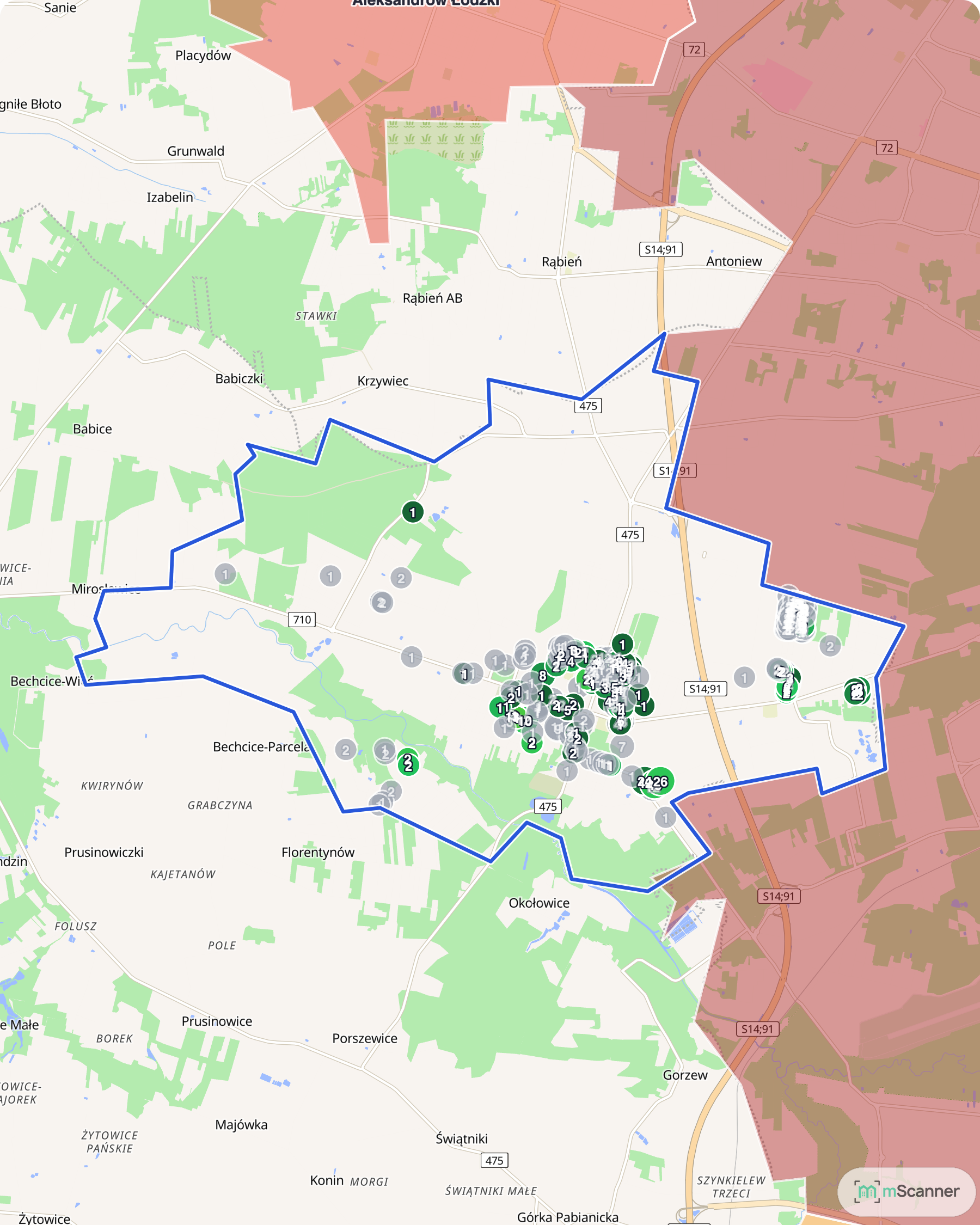 Mapa cen transakcyjnych mieszkań w Konstantynowie Łódzkim z niebieskim obrysem granic miasta, transakcje skupione we wschodniej części przy granicy z Łodzią