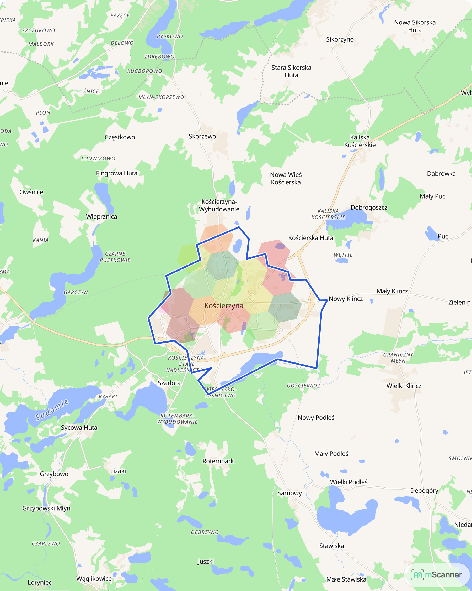 Mapa Kościerzyny z niebieską granicą administracyjną miasta i siatką sześciokątów pokolorowanych według mediany ceny transakcyjnej, w sercu Kaszub