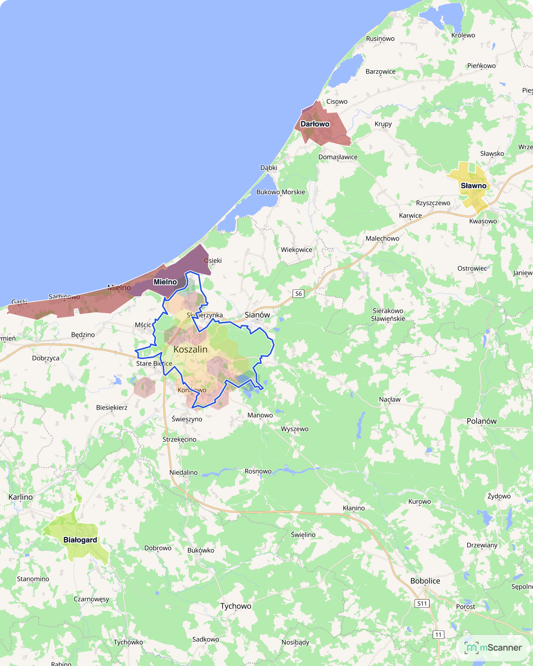 Mapa cen transakcyjnych mieszkań w Koszalinie, Białogardzie, Darłowie i Sławnie, z niebieskim obrysem granic i kolorowanymi obszarami cen.