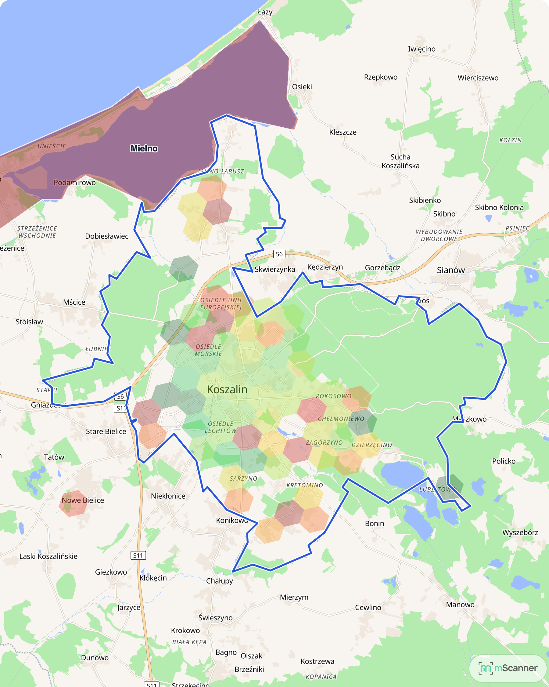 Mapa cen transakcyjnych mieszkań w Koszalinie, z niebieskim obrysem granic i kolorowanymi obszarami cen.