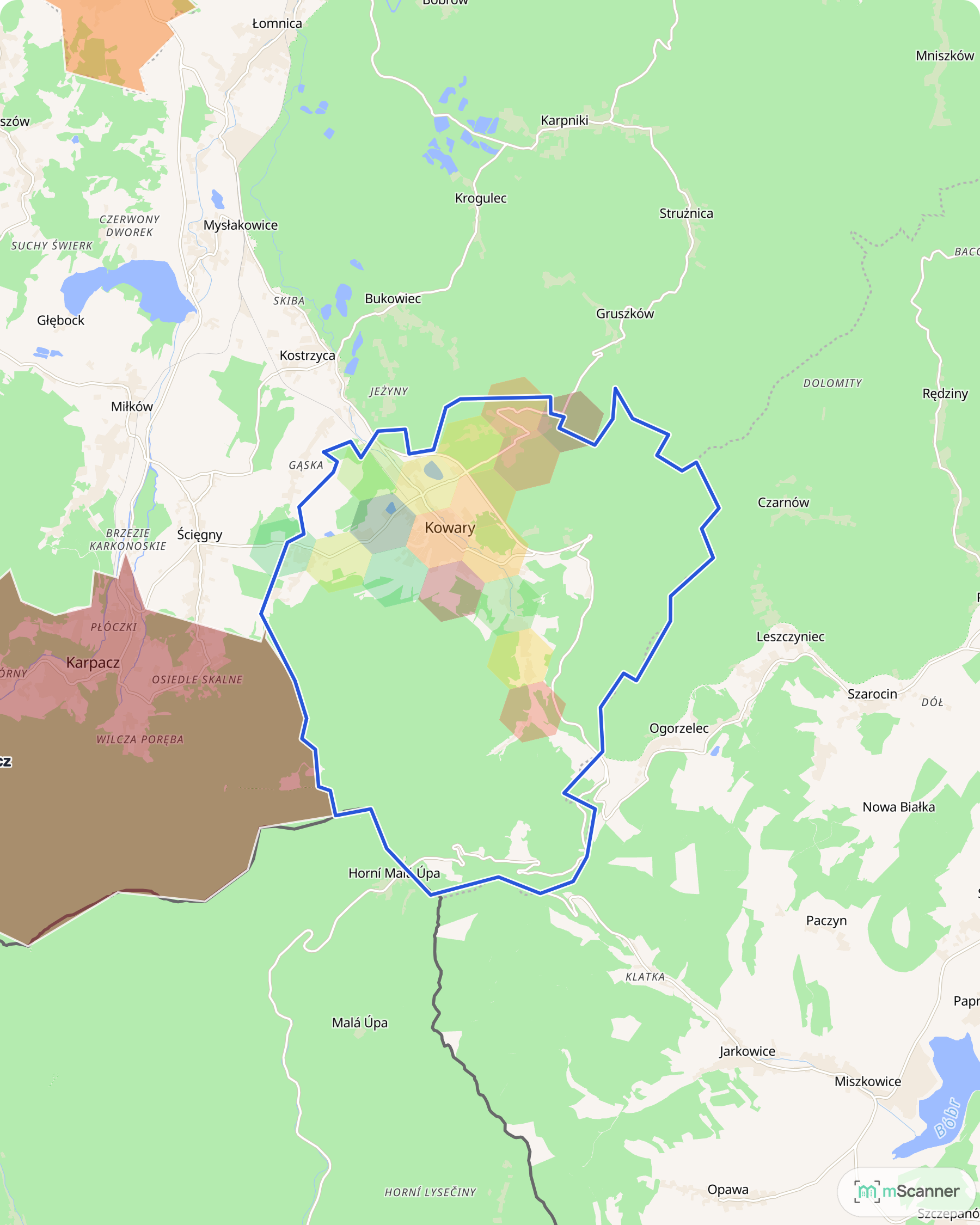 Mapa cen transakcyjnych mieszkań w Kowarach, z niebieskim obrysem granic i kolorowanymi obszarami cen.