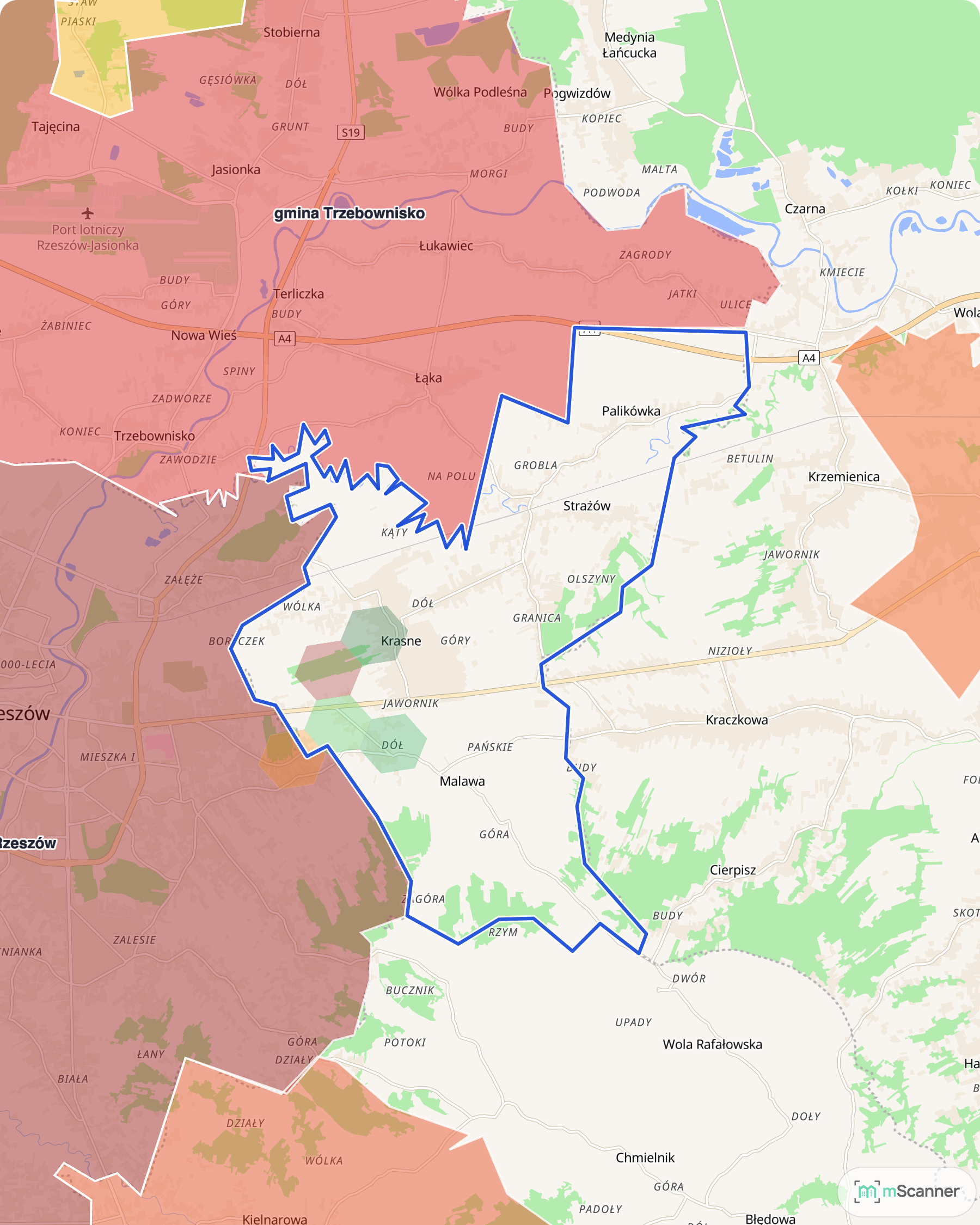 Mapa gminy Krasne z niebieską granicą administracyjną i sześciokątami pokolorowanymi według mediany ceny transakcyjnej mieszkań, przy wschodniej granicy Rzeszowa