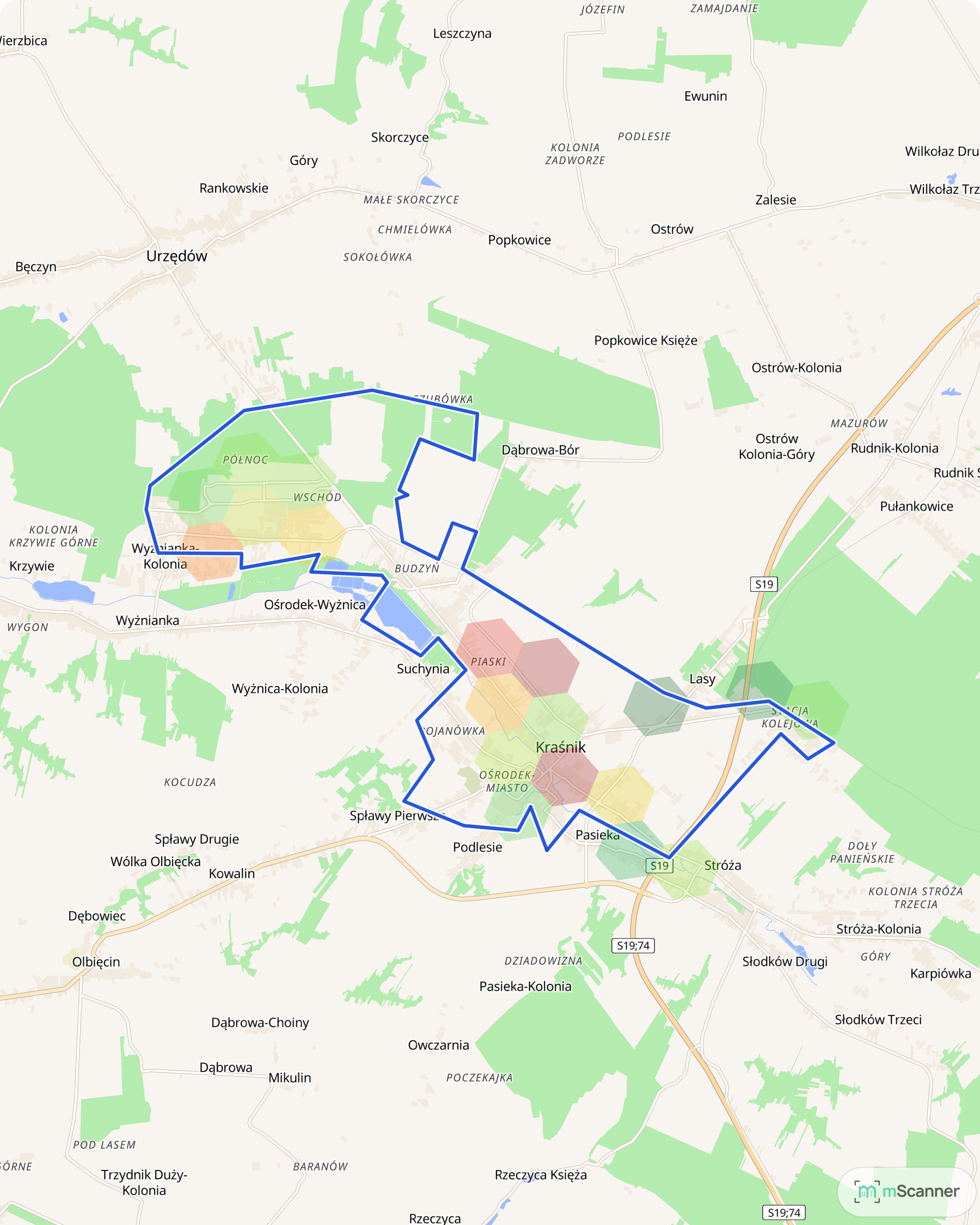 Mapa cen transakcyjnych mieszkań w Kraśniku, z niebieskim obrysem granic miasta i kolorowymi polami cen w dwóch oddzielonych częściach miasta.