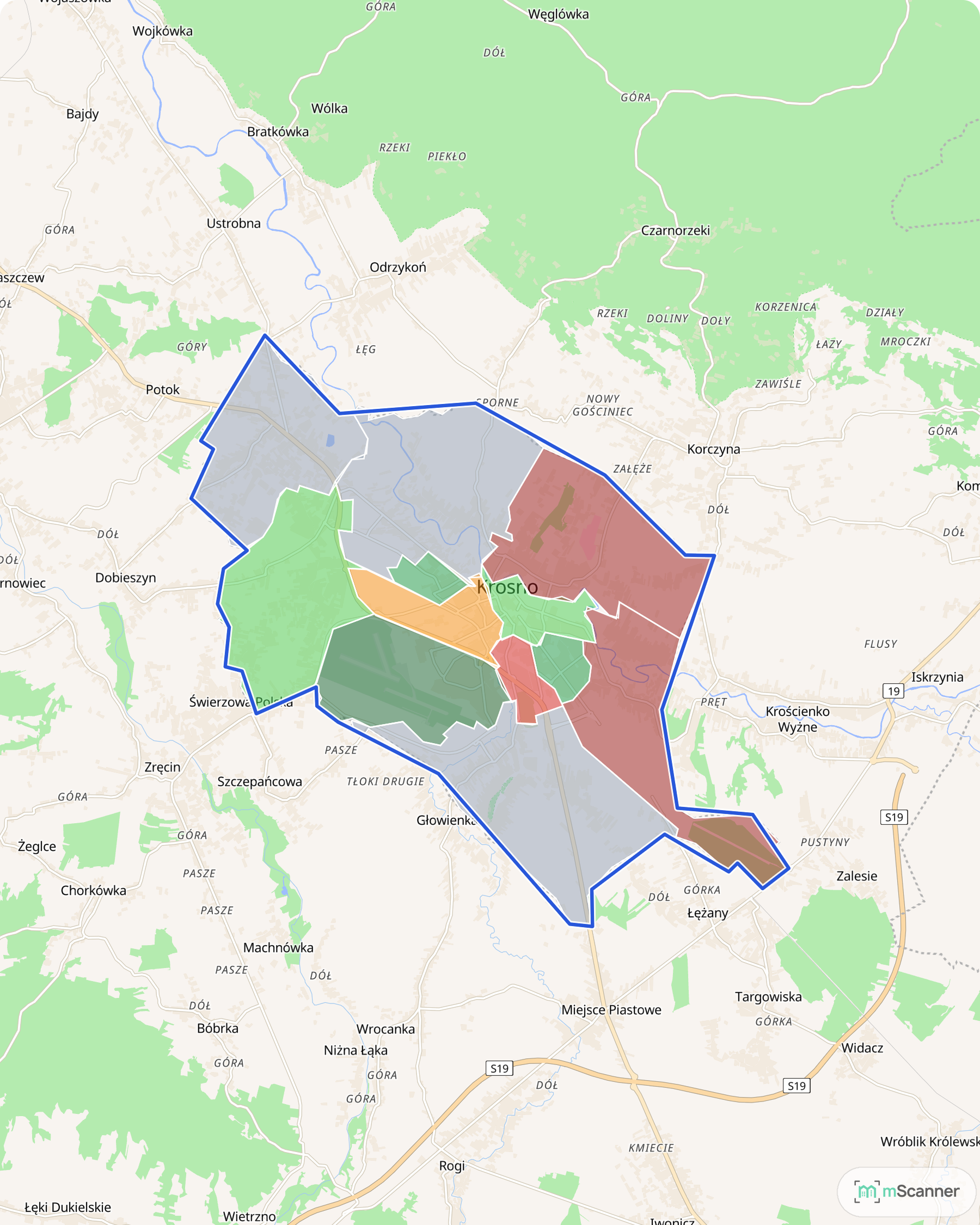 Mapa Krosna z niebieską granicą administracyjną i sześciokątami pokolorowanymi według mediany ceny transakcyjnej mieszkań, u zbiegu Wisłoka i Lubatówki
