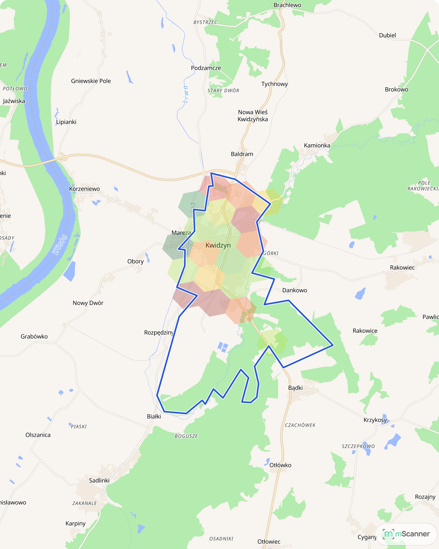 Mapa Kwidzyna z niebieską granicą administracyjną miasta i siatką sześciokątów pokolorowanych według mediany ceny transakcyjnej, nad Liwą