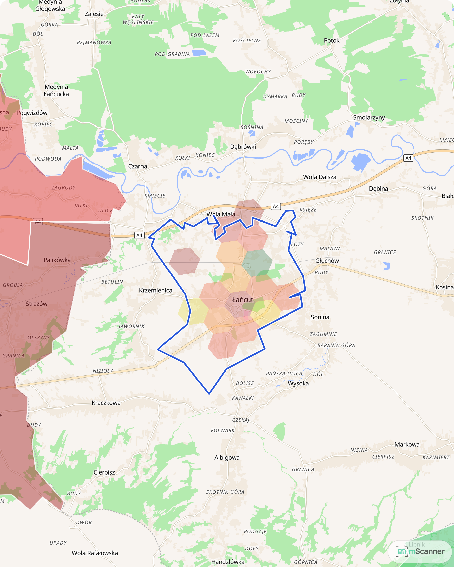 Mapa Łańcuta z niebieską granicą administracyjną i sześciokątami pokolorowanymi według mediany ceny transakcyjnej mieszkań, wokół zespołu zamkowego