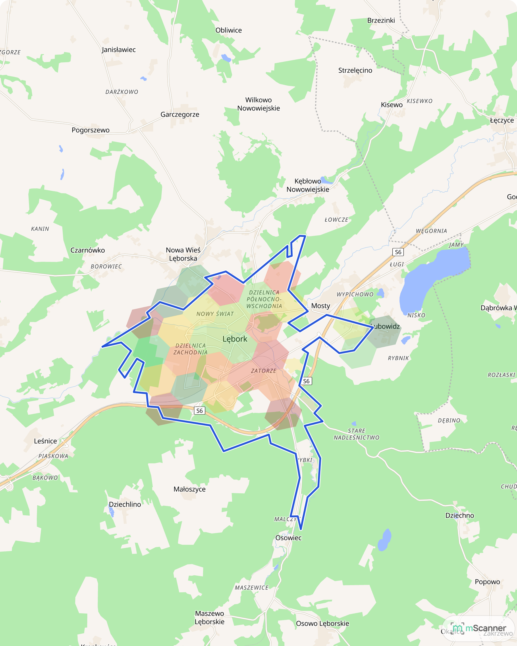 Mapa Lęborka z niebieską granicą administracyjną miasta i siatką sześciokątów pokolorowanych według mediany ceny transakcyjnej, z ciemniejszymi polami wzdłuż Władysława IV i jaśniejszymi na obrzeżach