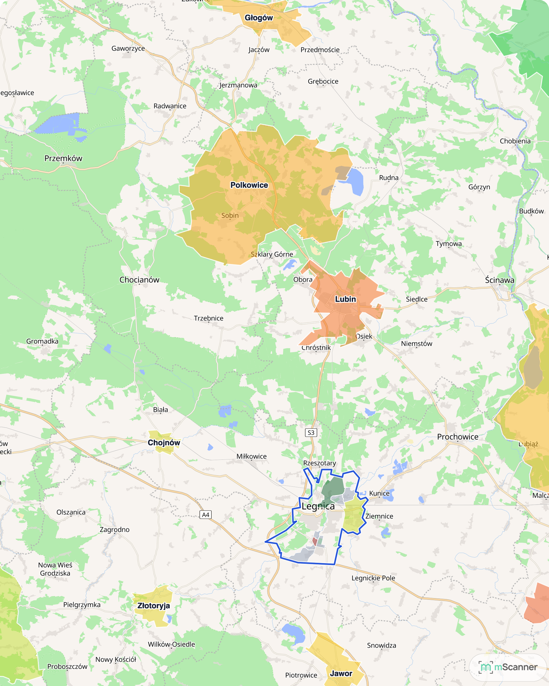 Mapa cen transakcyjnych mieszkań w Zagłębiu Miedziowym, z niebieskim obrysem granic i kolorowanymi obszarami cen.