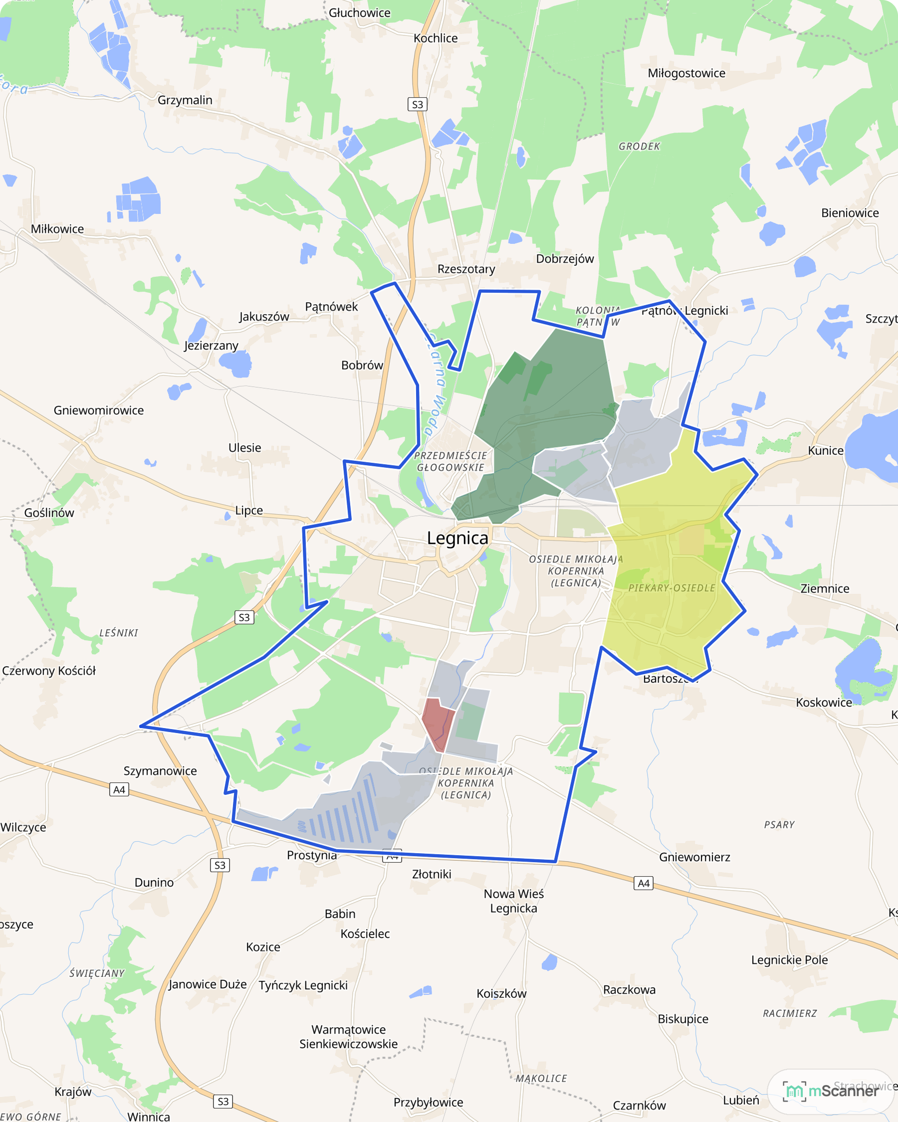 Mapa cen transakcyjnych mieszkań w Legnicy, z niebieskim obrysem granic i kolorowanymi obszarami cen.