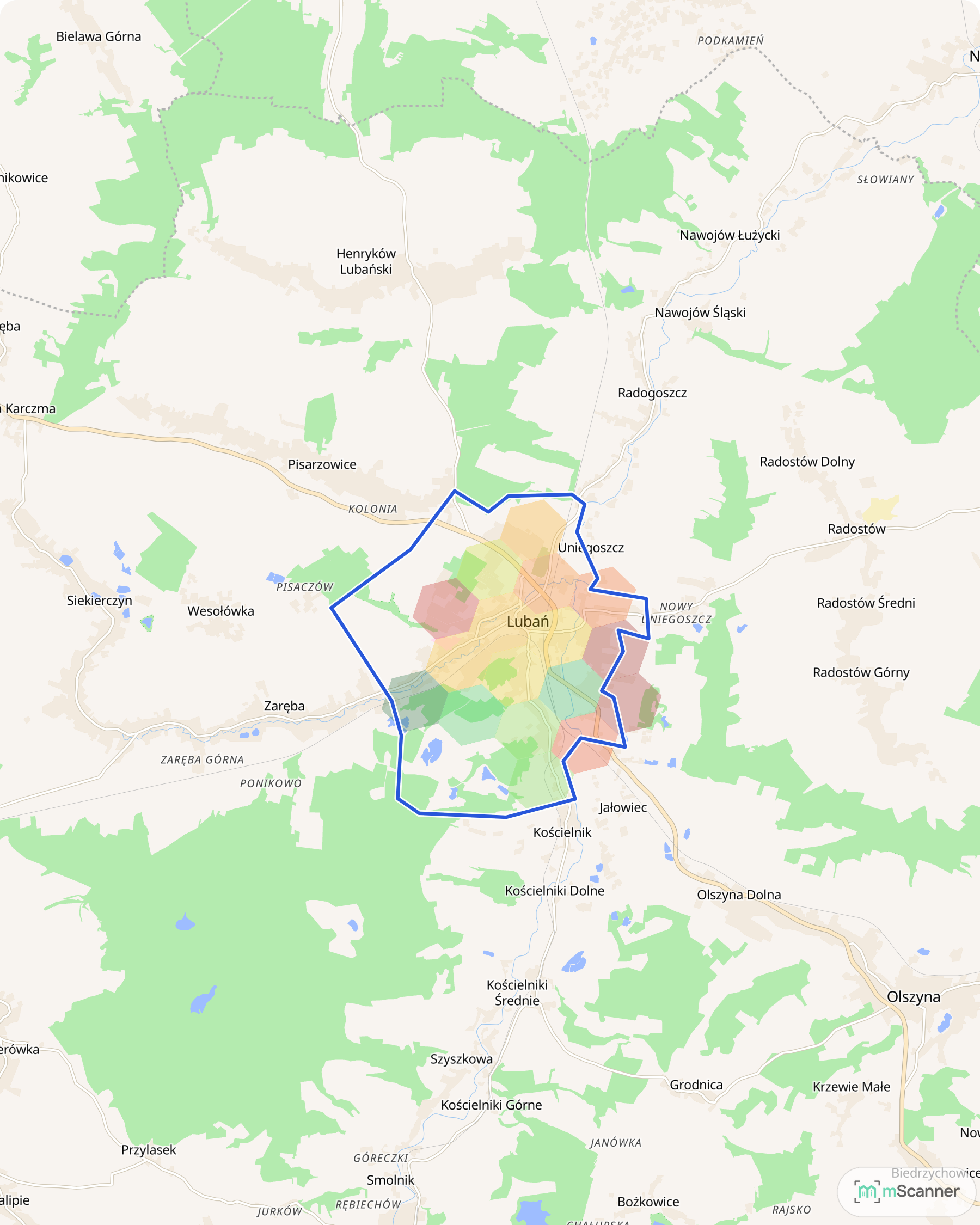 Mapa cen transakcyjnych mieszkań w Lubaniu, z niebieskim obrysem granic i kolorowanymi obszarami cen.