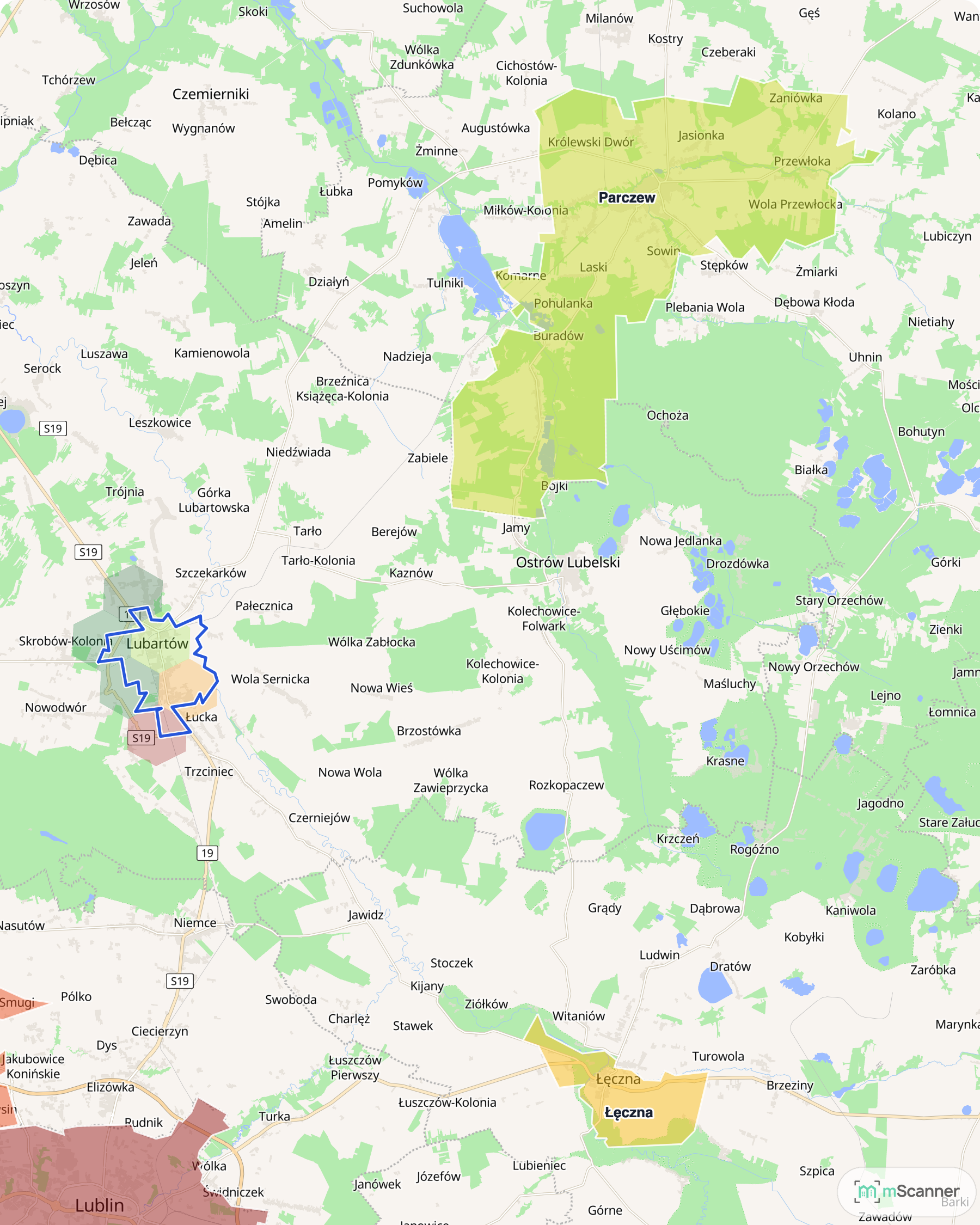 Mapa cen transakcyjnych mieszkań na północ i wschód od Lublina, z niebieskim obrysem granic Lubartowa na zachodzie, Parczewem na północy i Łęczną na południu.