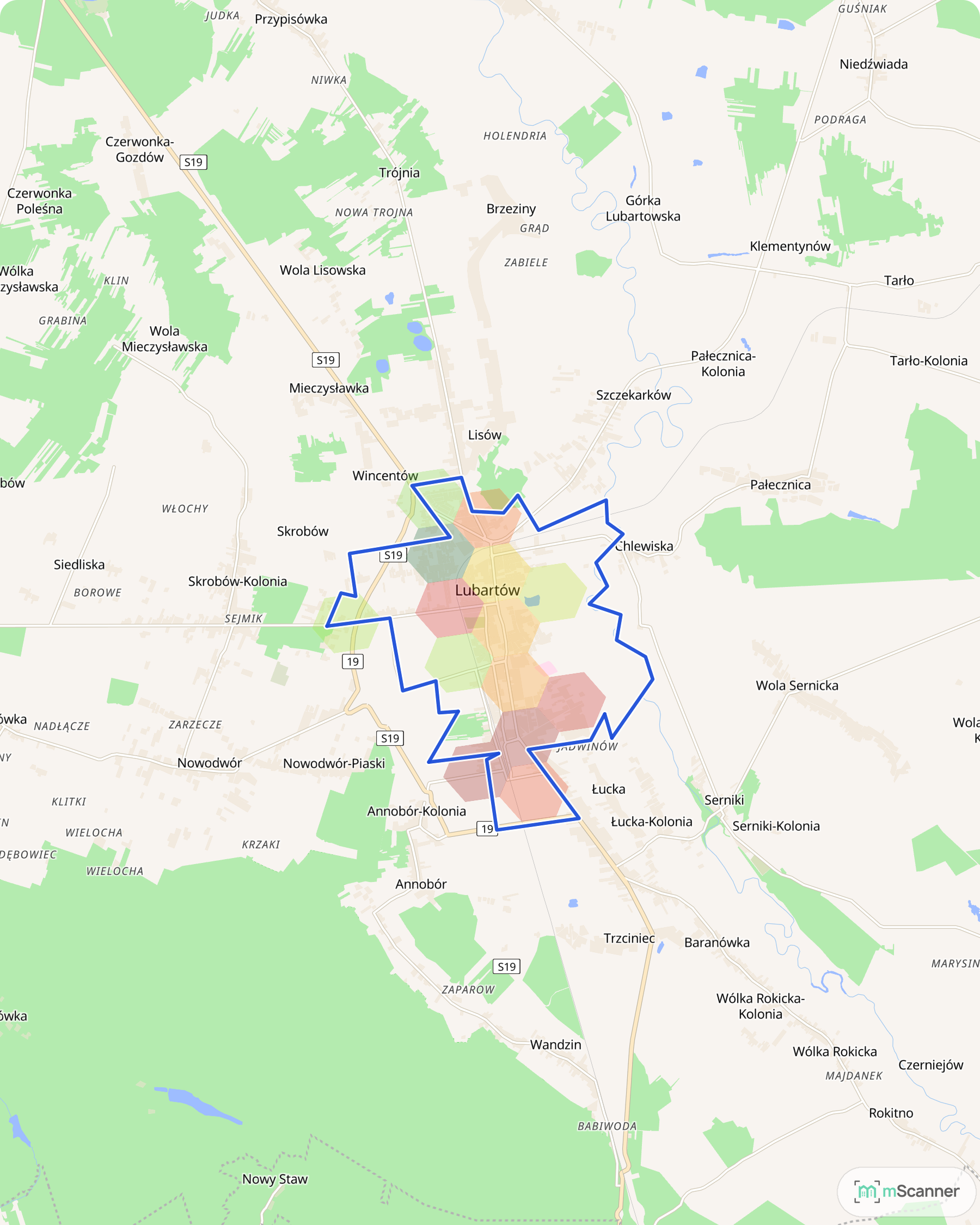 Mapa cen transakcyjnych mieszkań w Lubartowie, z niebieskim obrysem granic miasta i kolorowymi polami cen skupionymi w zabudowanej części miasta.