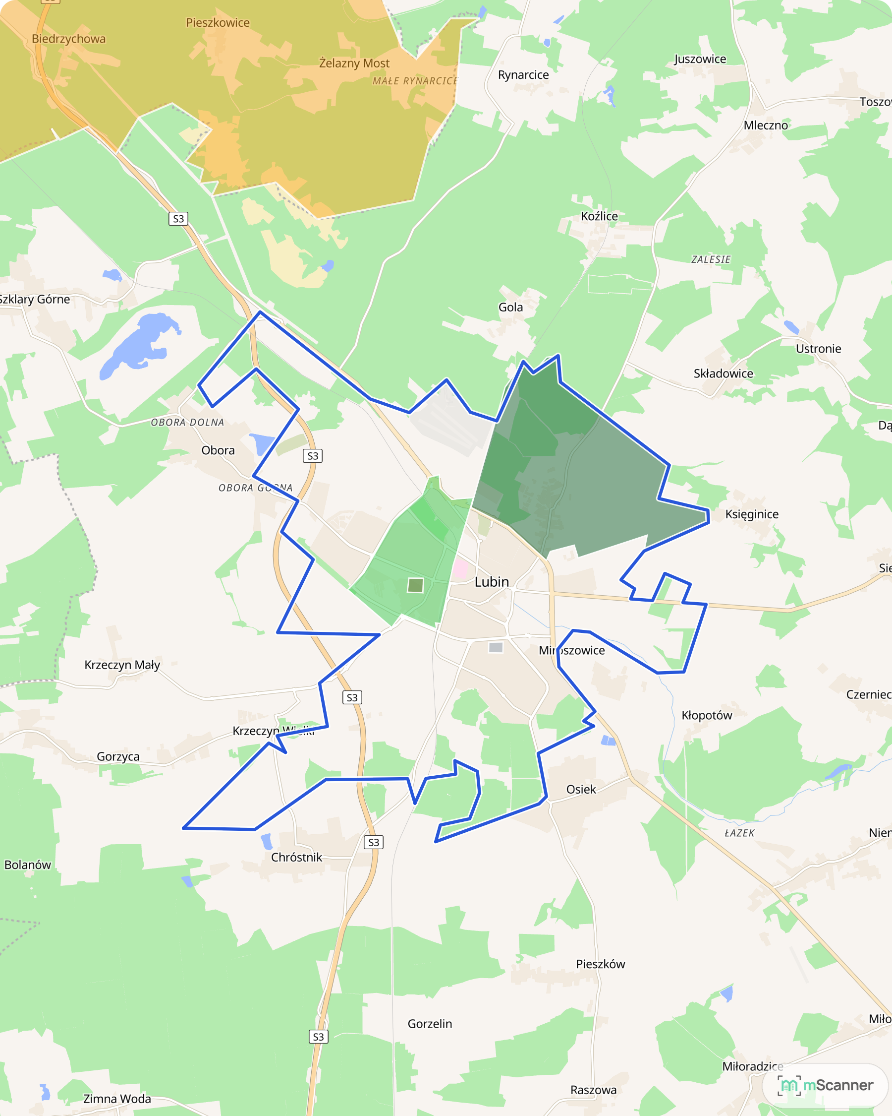 Mapa cen transakcyjnych mieszkań w Lubinie, z niebieskim obrysem granic i kolorowanymi obszarami cen.