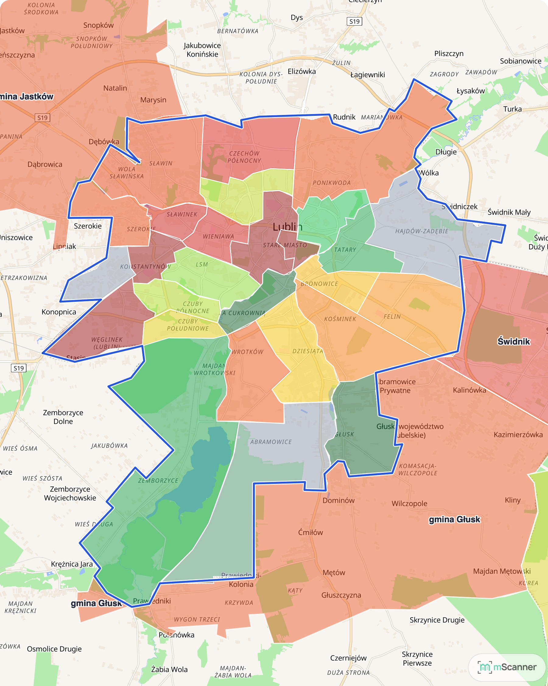 Mapa cen transakcyjnych mieszkań w Lublinie, z niebieskim obrysem granic miasta i kolorowanymi obszarami cen w 27 dzielnicach.