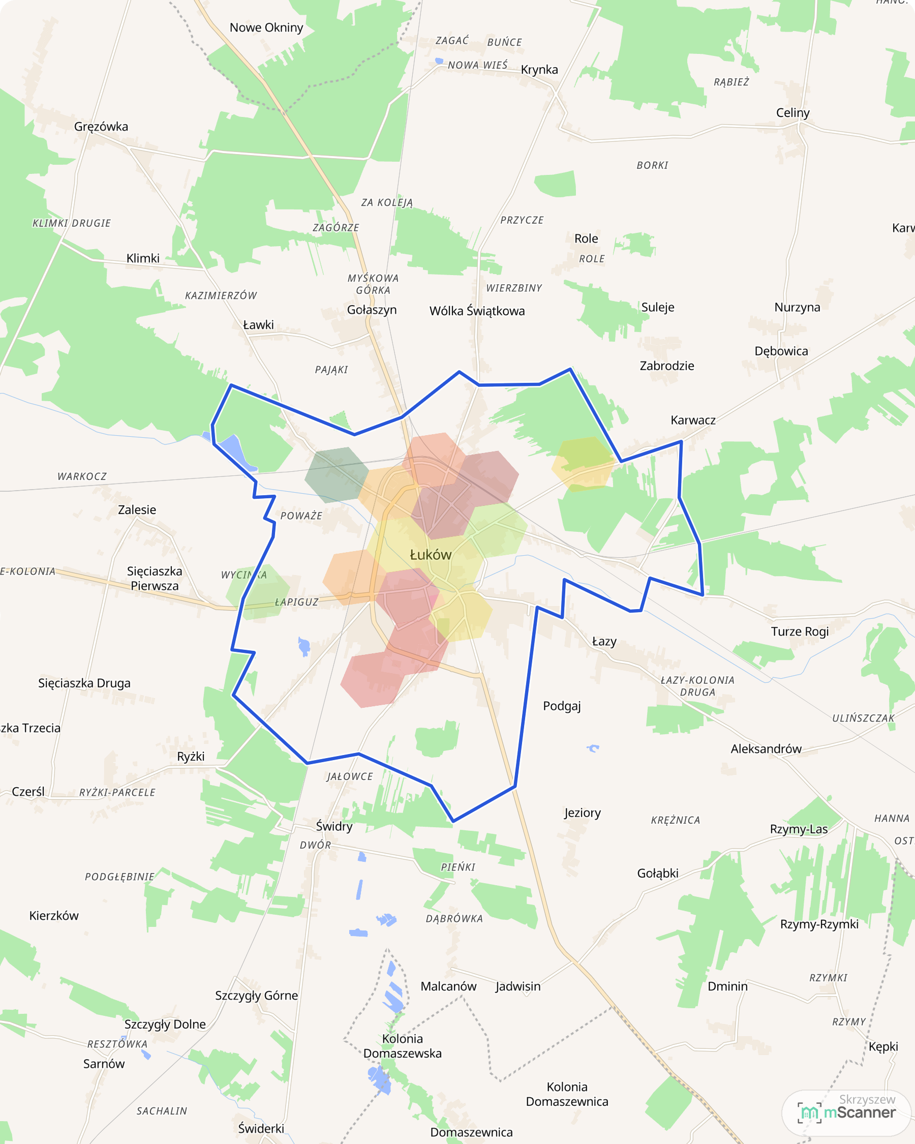 Mapa cen transakcyjnych mieszkań w Łukowie, z niebieskim obrysem granic miasta i kolorowymi polami cen skupionymi w zabudowanej części miasta.