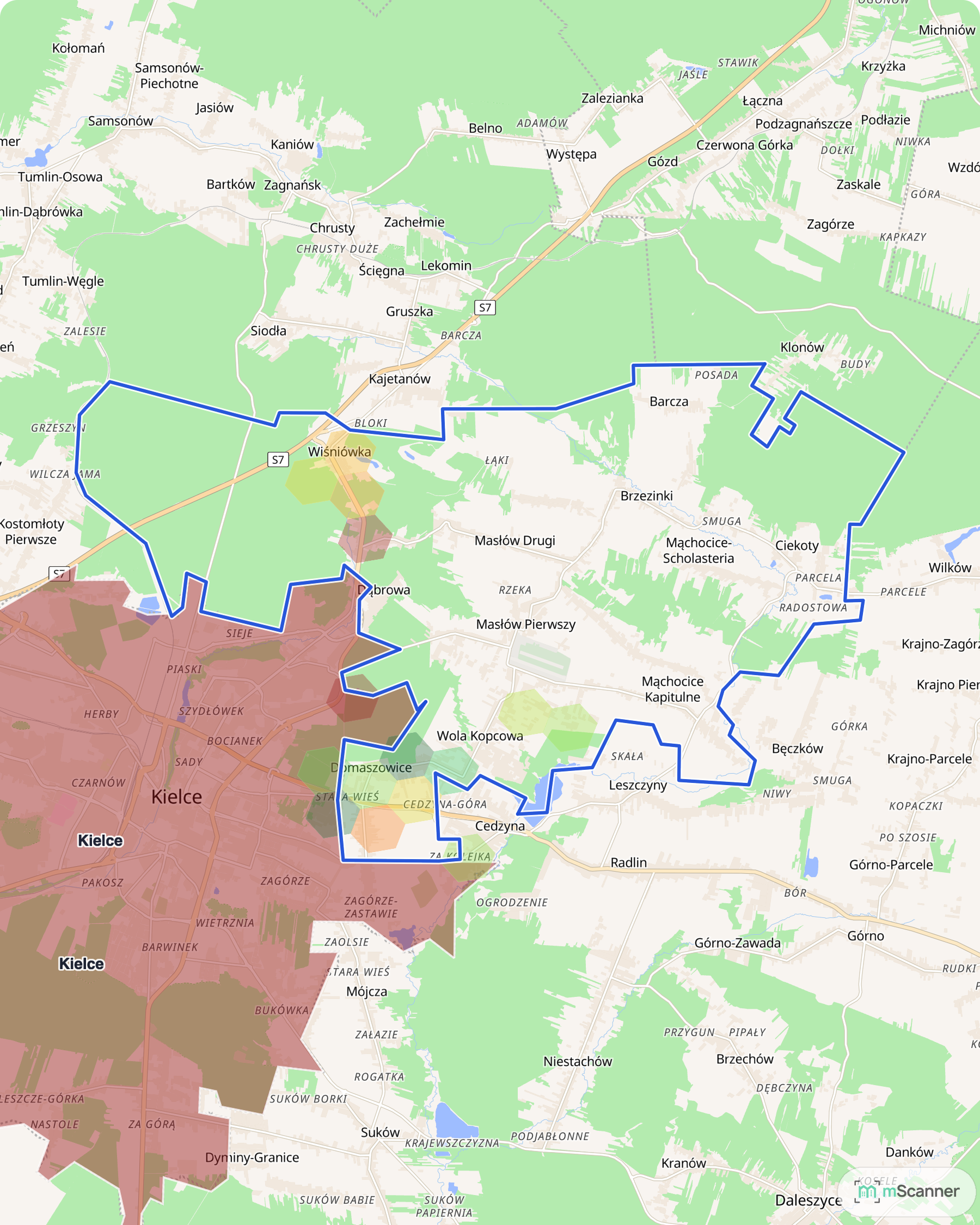 Mapa cen transakcyjnych mieszkań w gminie Masłów, z niebieskim obrysem granic gminy, pojedynczymi polami cen w Wiśniówce, Dąbrowie i Domaszowicach oraz Kielcami po południowo-zachodniej stronie.