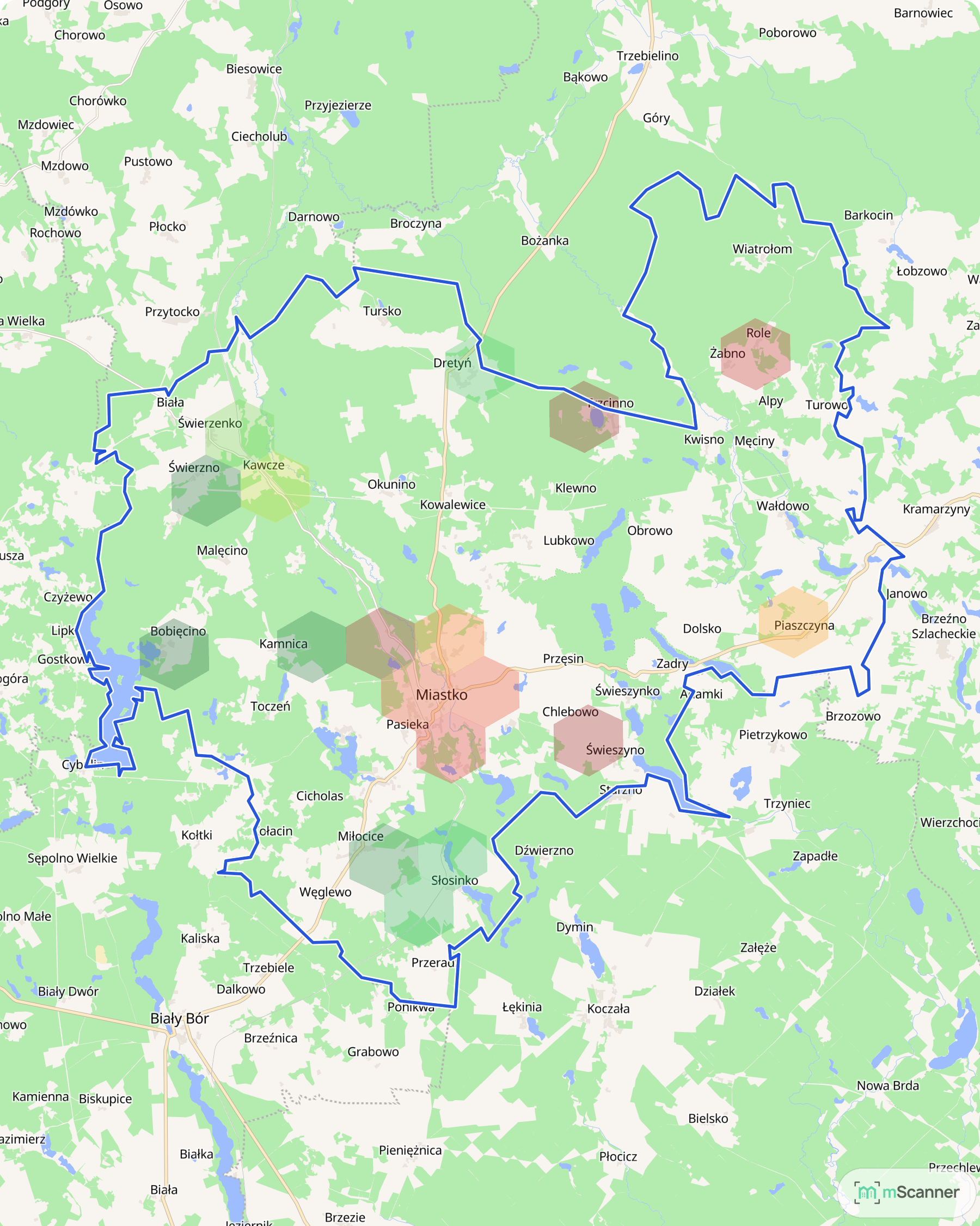 Mapa gminy Miastko z niebieską granicą administracyjną i siatką sześciokątów pokolorowanych według mediany ceny transakcyjnej, na pograniczu pomorsko-zachodniopomorskim