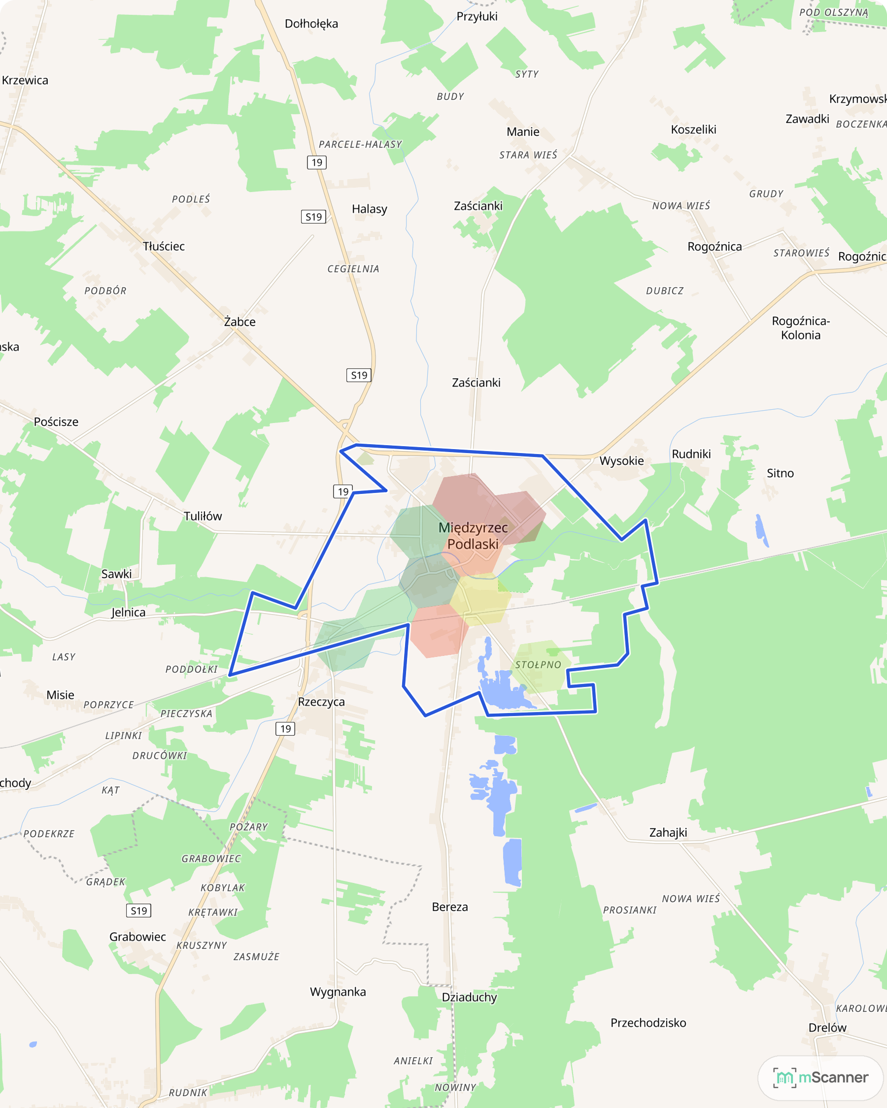Mapa cen transakcyjnych mieszkań w Międzyrzecu Podlaskim, z niebieskim obrysem granic miasta i kolorowymi polami cen skupionymi przy jednej ulicy.