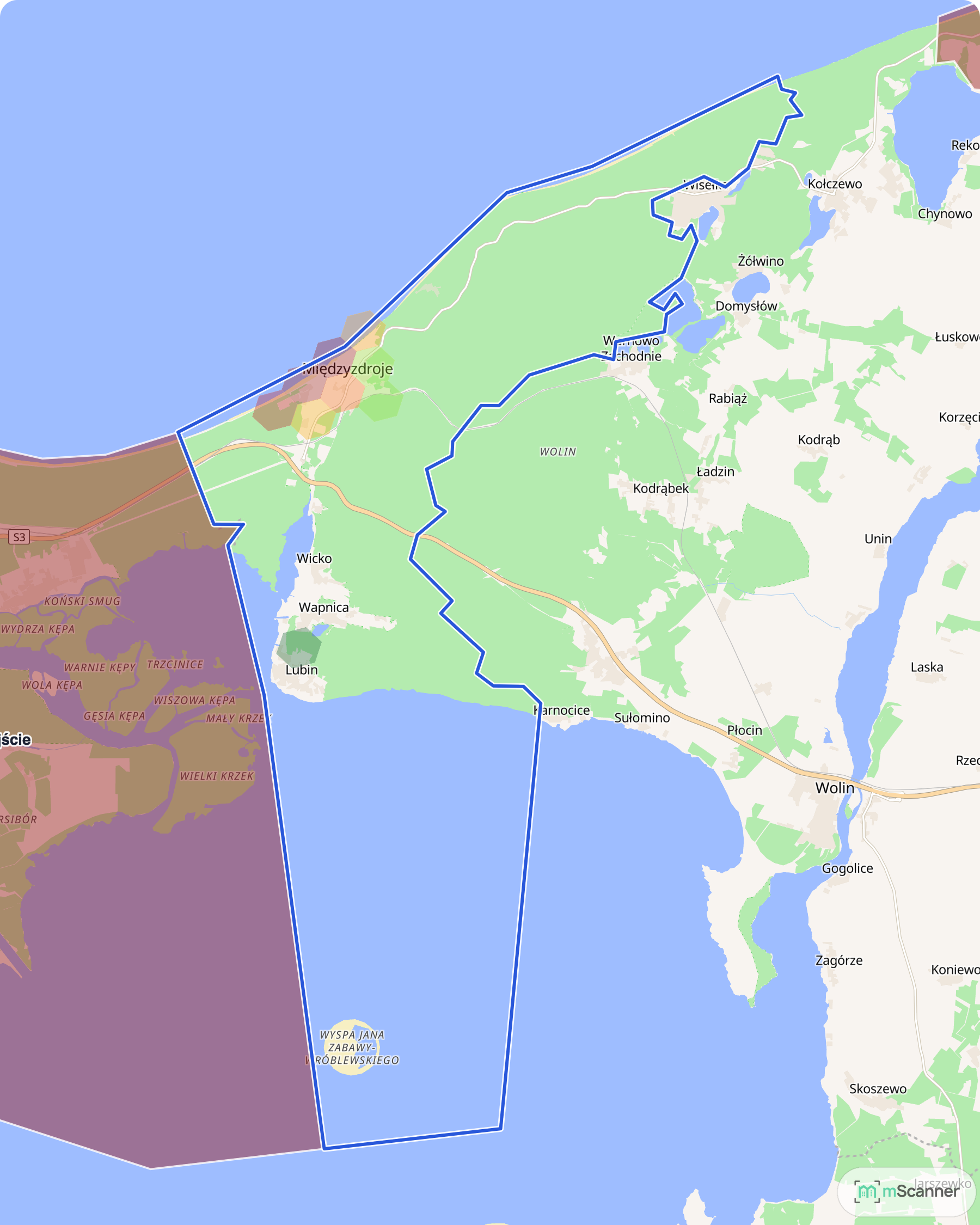 Mapa cen transakcyjnych mieszkań w gminie Międzyzdroje, z niebieskim obrysem granic i kolorowanymi obszarami cen.