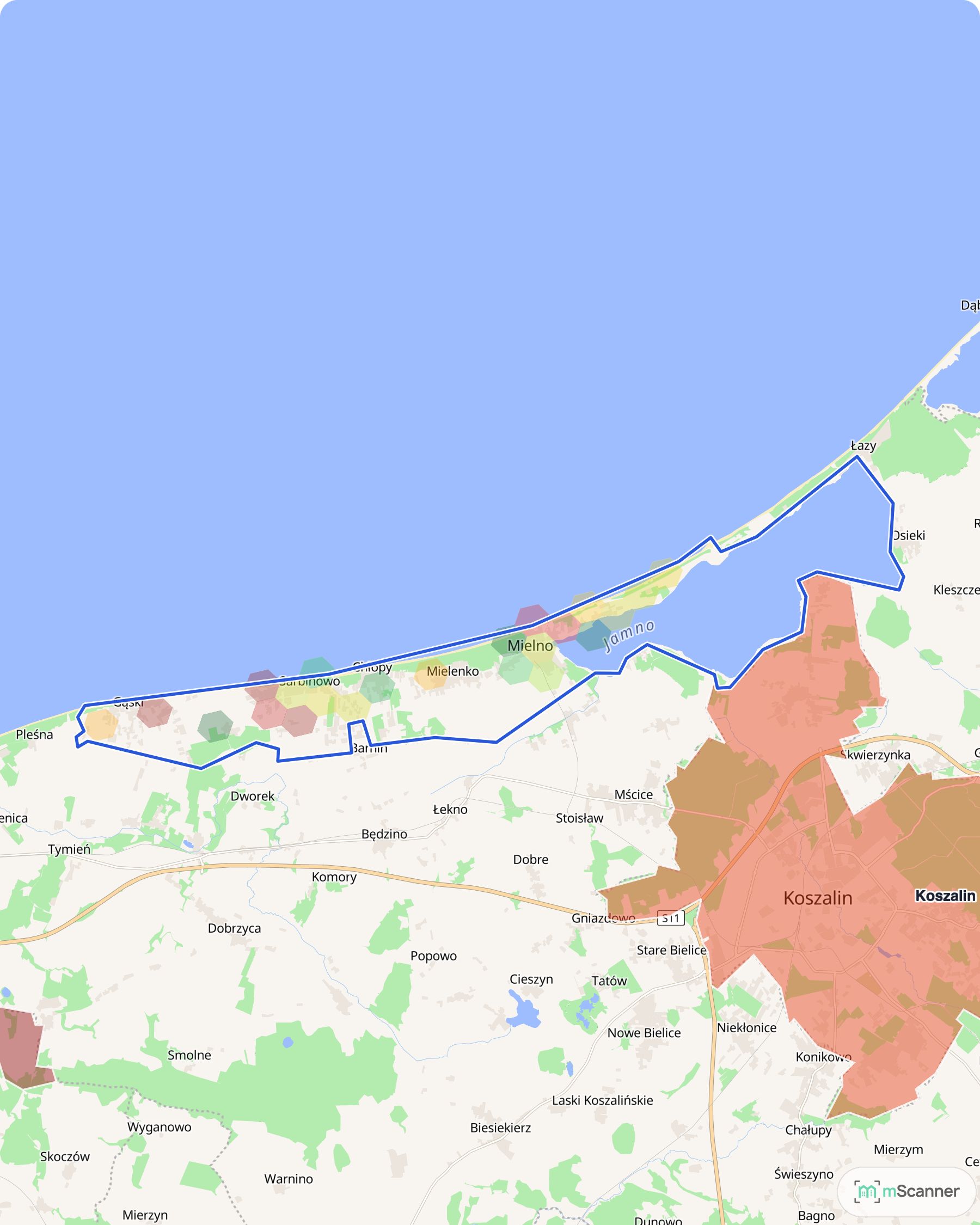 Mapa cen transakcyjnych mieszkań w gminie Mielno, z niebieskim obrysem granic i kolorowanymi obszarami cen.