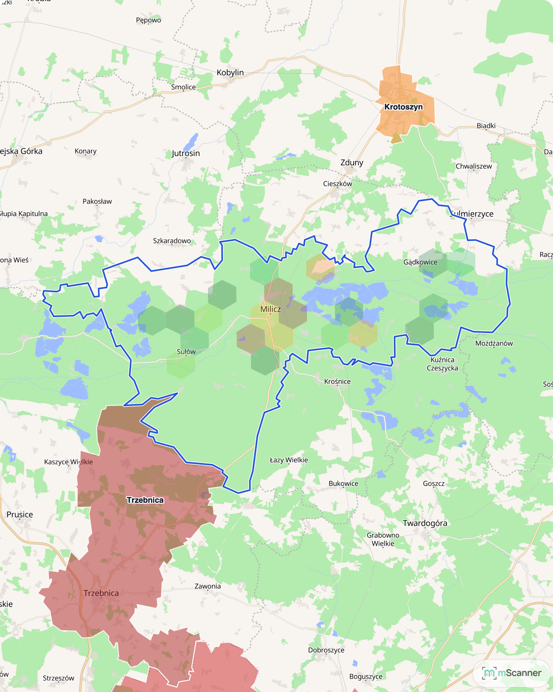 Mapa cen transakcyjnych mieszkań w gminie Milicz, z niebieskim obrysem granic i kolorowanymi obszarami cen.