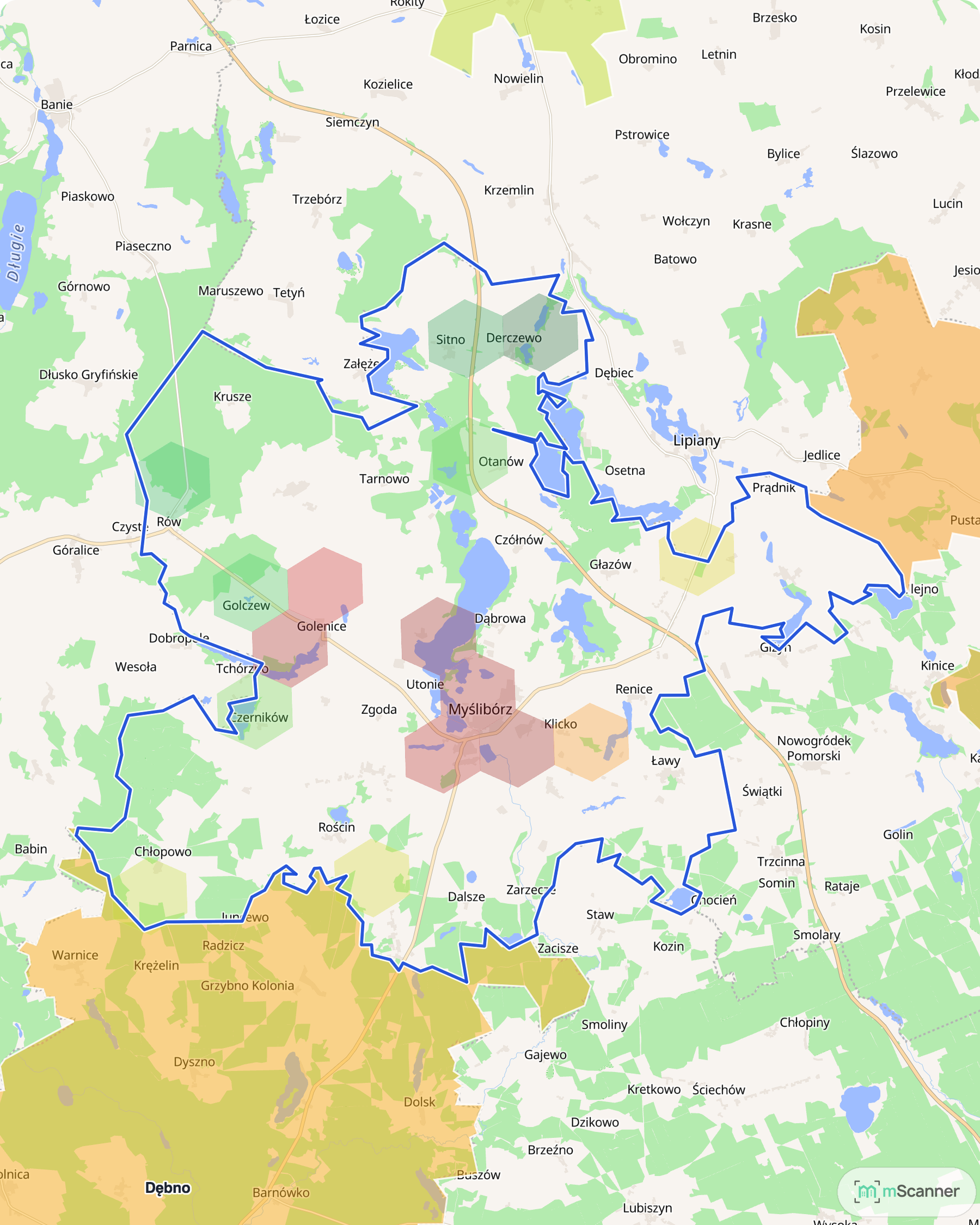Mapa cen transakcyjnych mieszkań w gminie Myślibórz, z niebieskim obrysem granic i kolorowanymi obszarami cen.
