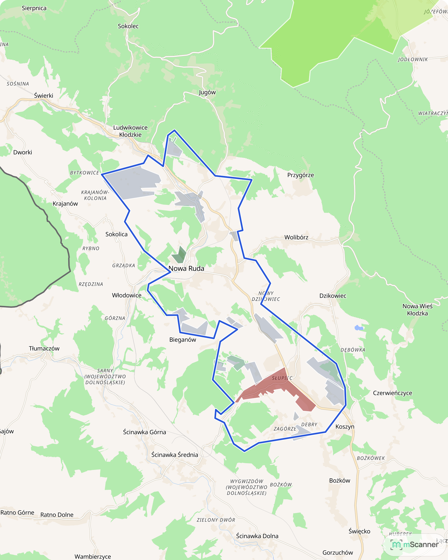 Mapa cen transakcyjnych mieszkań w Nowej Rudzie, z niebieskim obrysem granic i kolorowanymi obszarami cen.