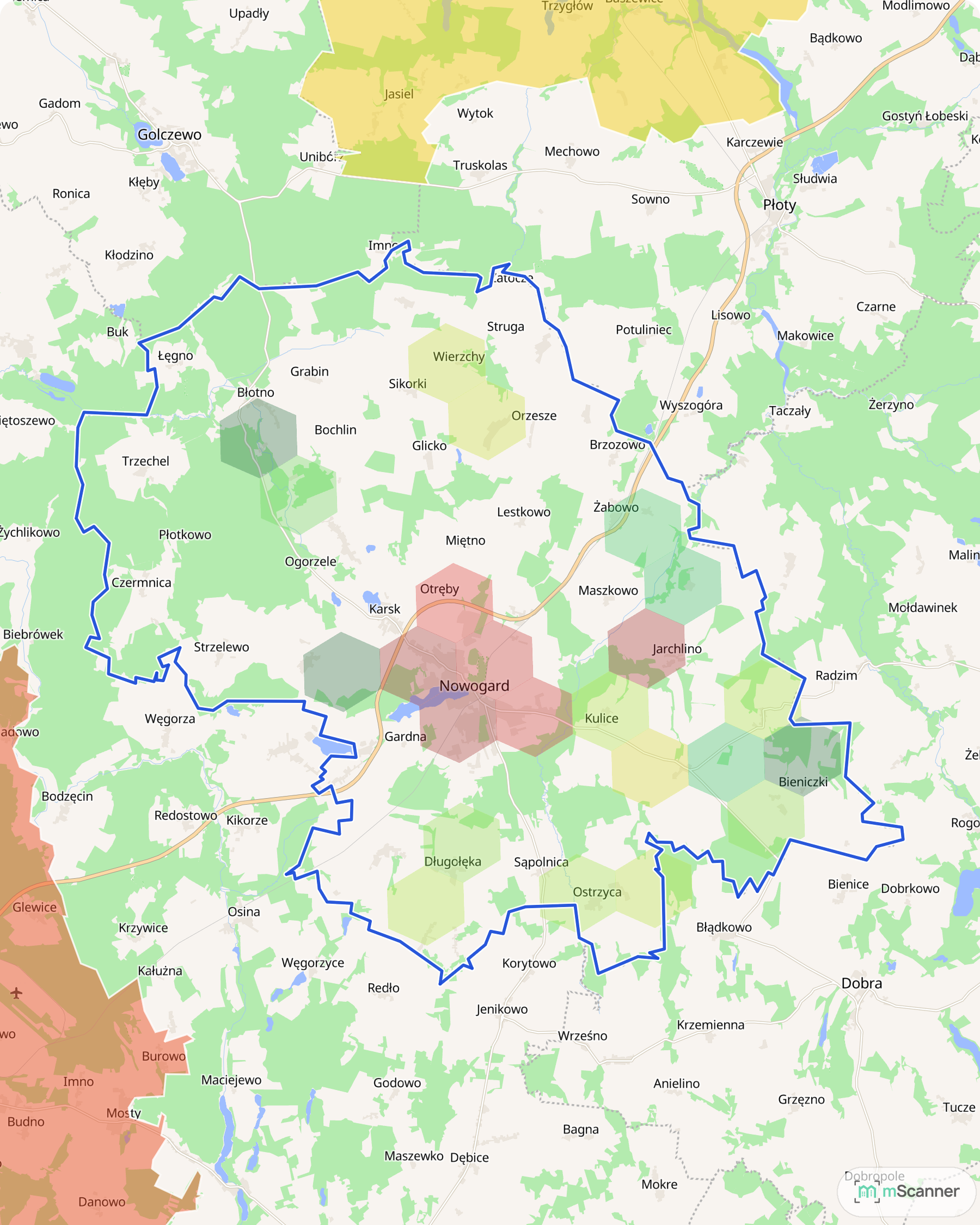 Mapa cen transakcyjnych mieszkań w gminie Nowogard, z niebieskim obrysem granic i kolorowanymi obszarami cen.