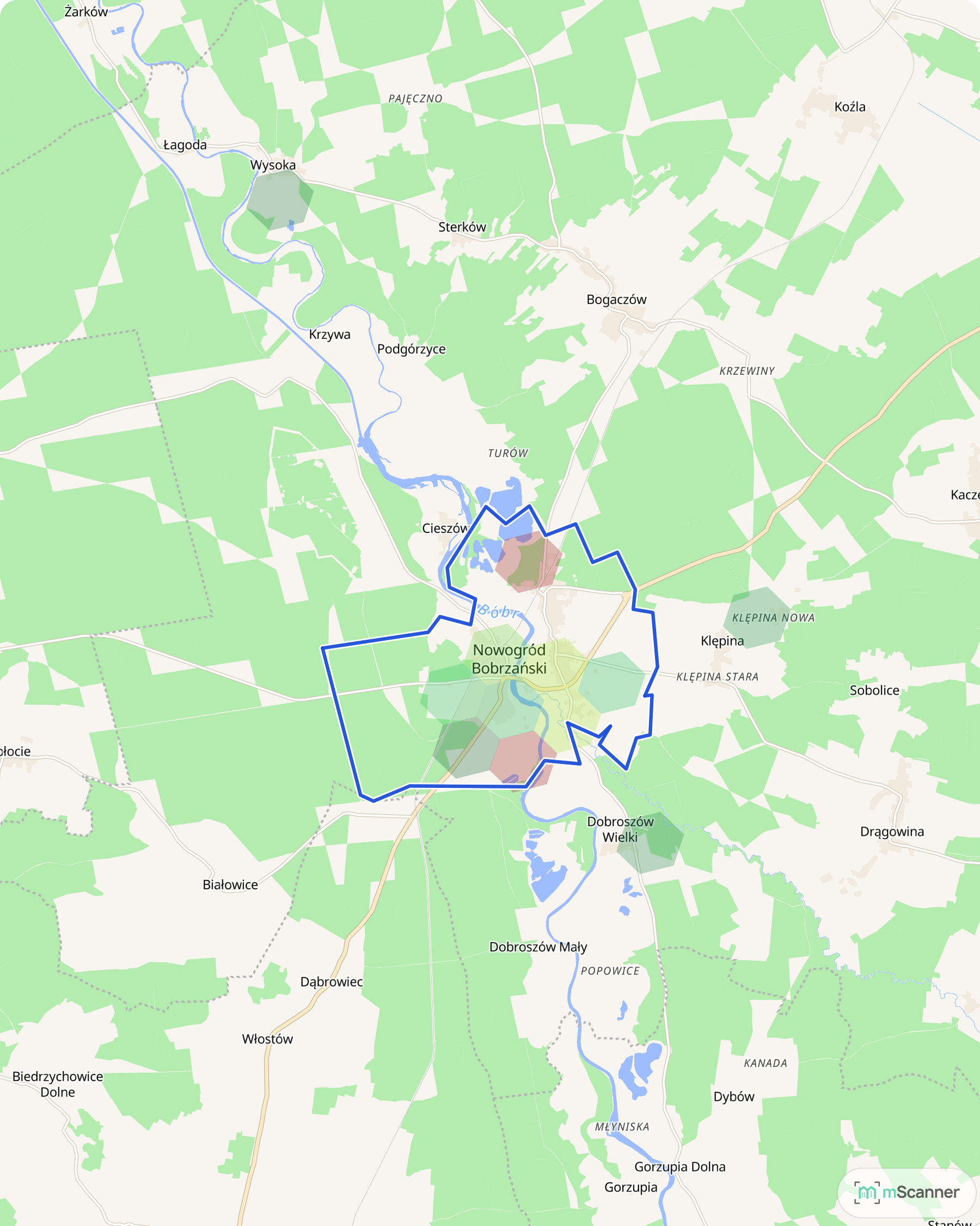 Mapa cen transakcyjnych mieszkań w Nowogrodzie Bobrzańskim, z niebieskim obrysem granic gminy i kolorowymi polami cen skupionymi w zabudowanej części miasta.