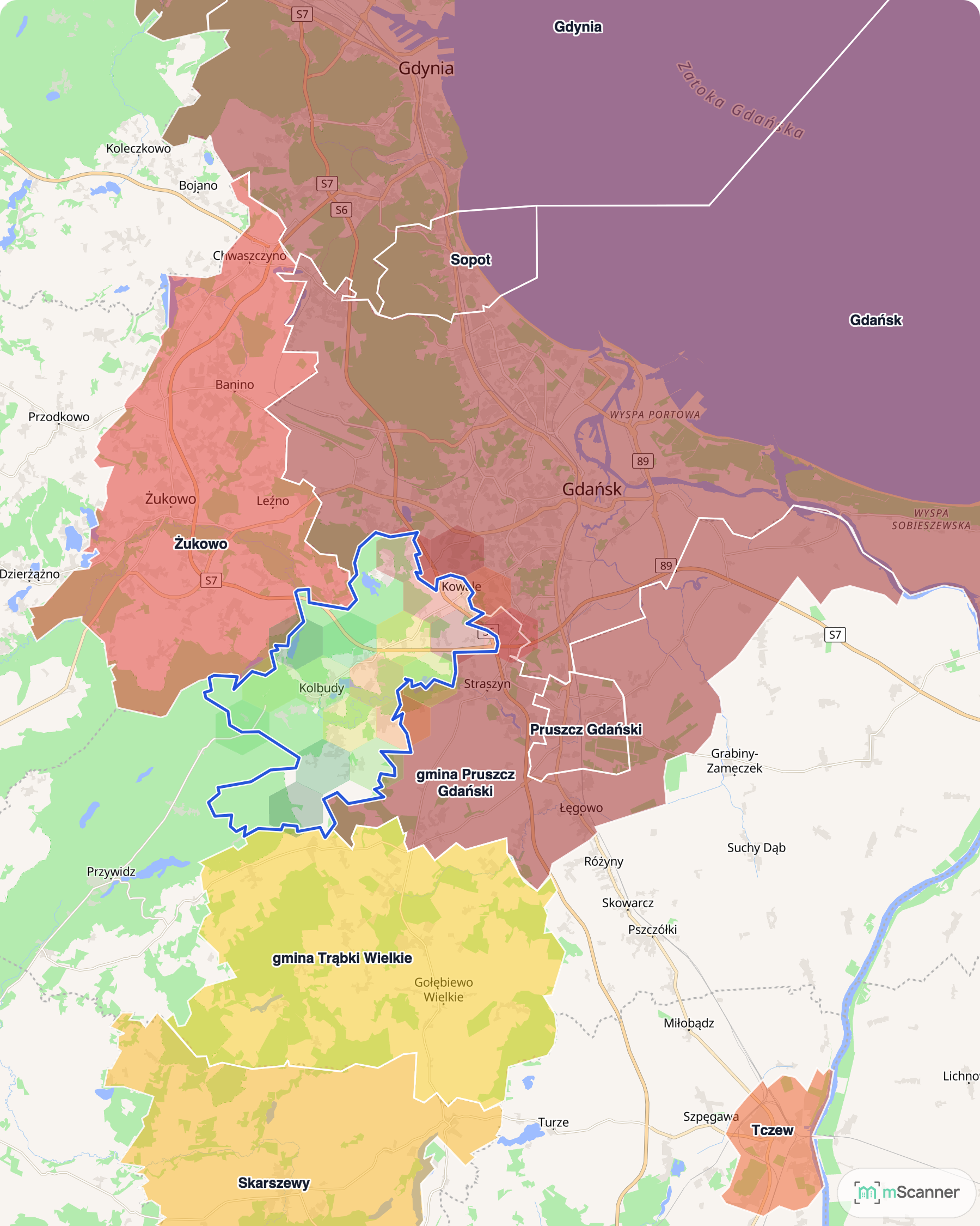 Mapa obwarzanka gdańskiego z niebieską granicą gminy Kolbudy i siatką cen transakcyjnych, obejmująca Pruszcz Gdański, Żukowo i Trąbki Wielkie wokół Gdańska