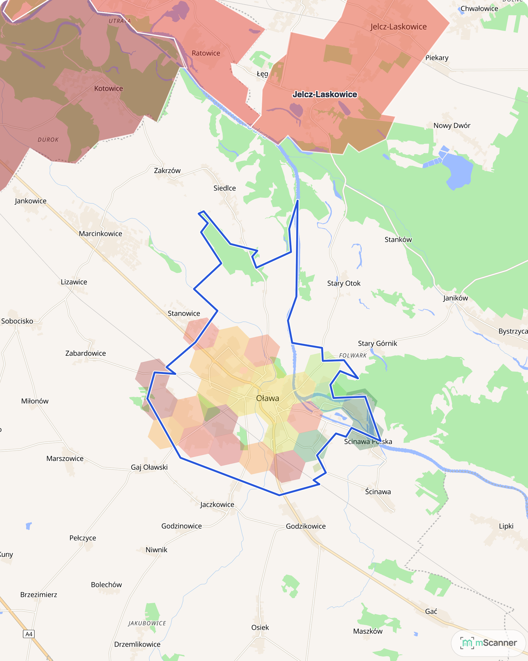 Mapa cen transakcyjnych mieszkań w Oławie, z niebieskim obrysem granic i kolorowanymi obszarami cen.