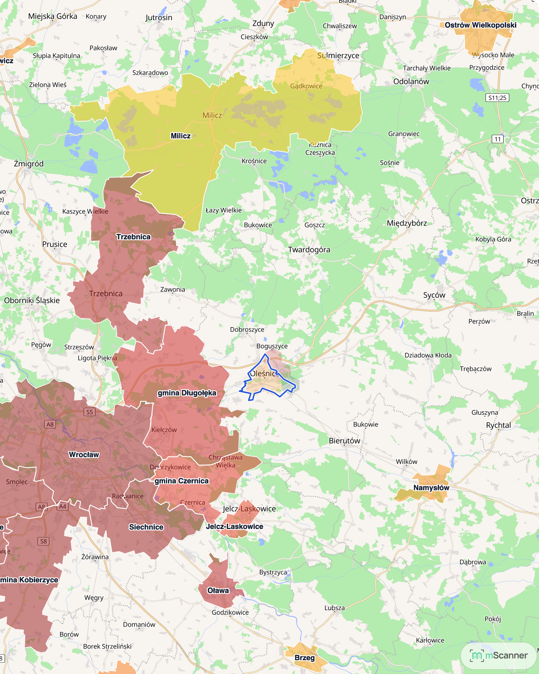 Mapa cen transakcyjnych mieszkań w Oleśnicy, Oławie, Trzebnicy i Środzie Śląskiej, z niebieskim obrysem granic i kolorowanymi obszarami cen.
