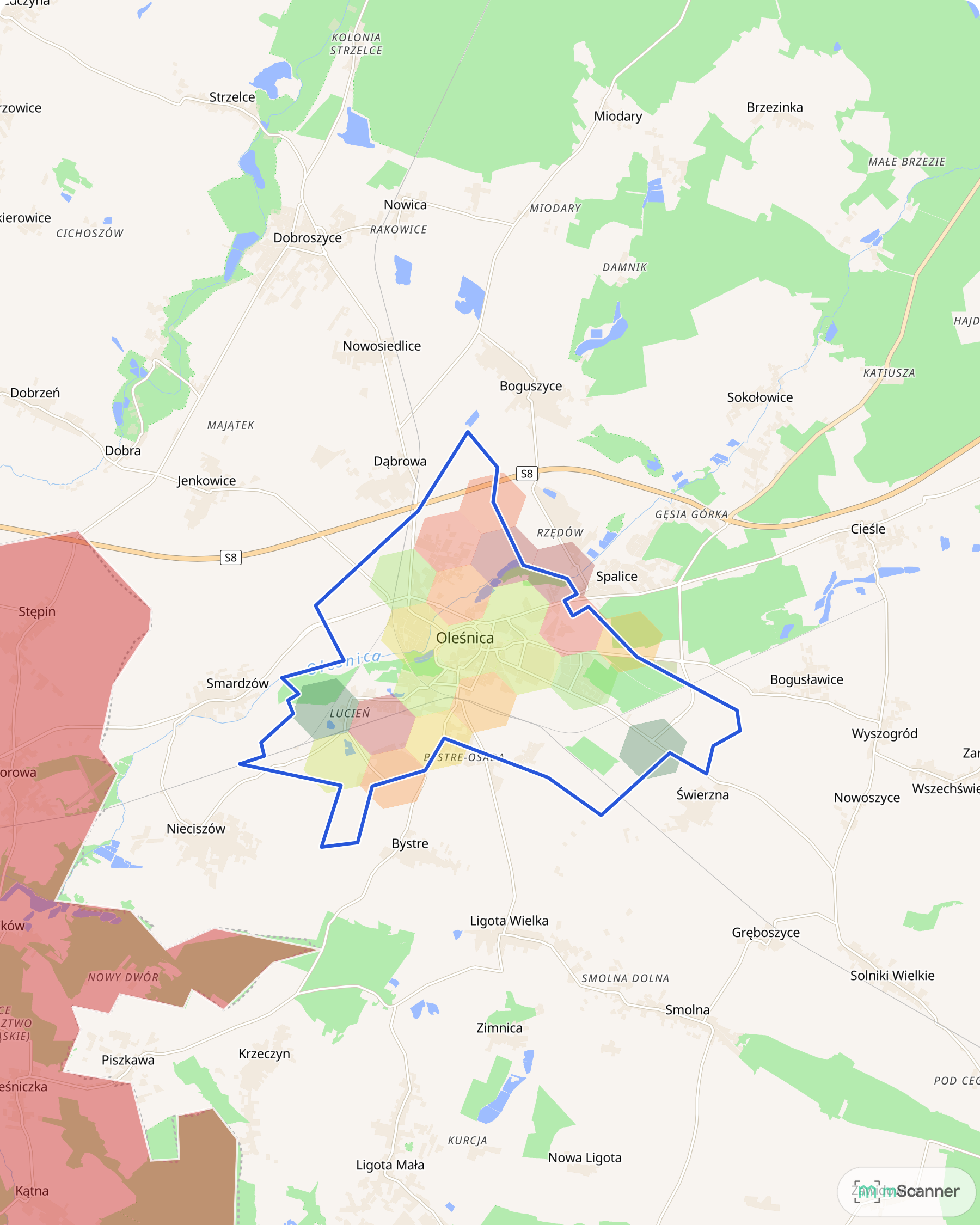 Mapa cen transakcyjnych mieszkań w Oleśnicy, z niebieskim obrysem granic i kolorowanymi obszarami cen.