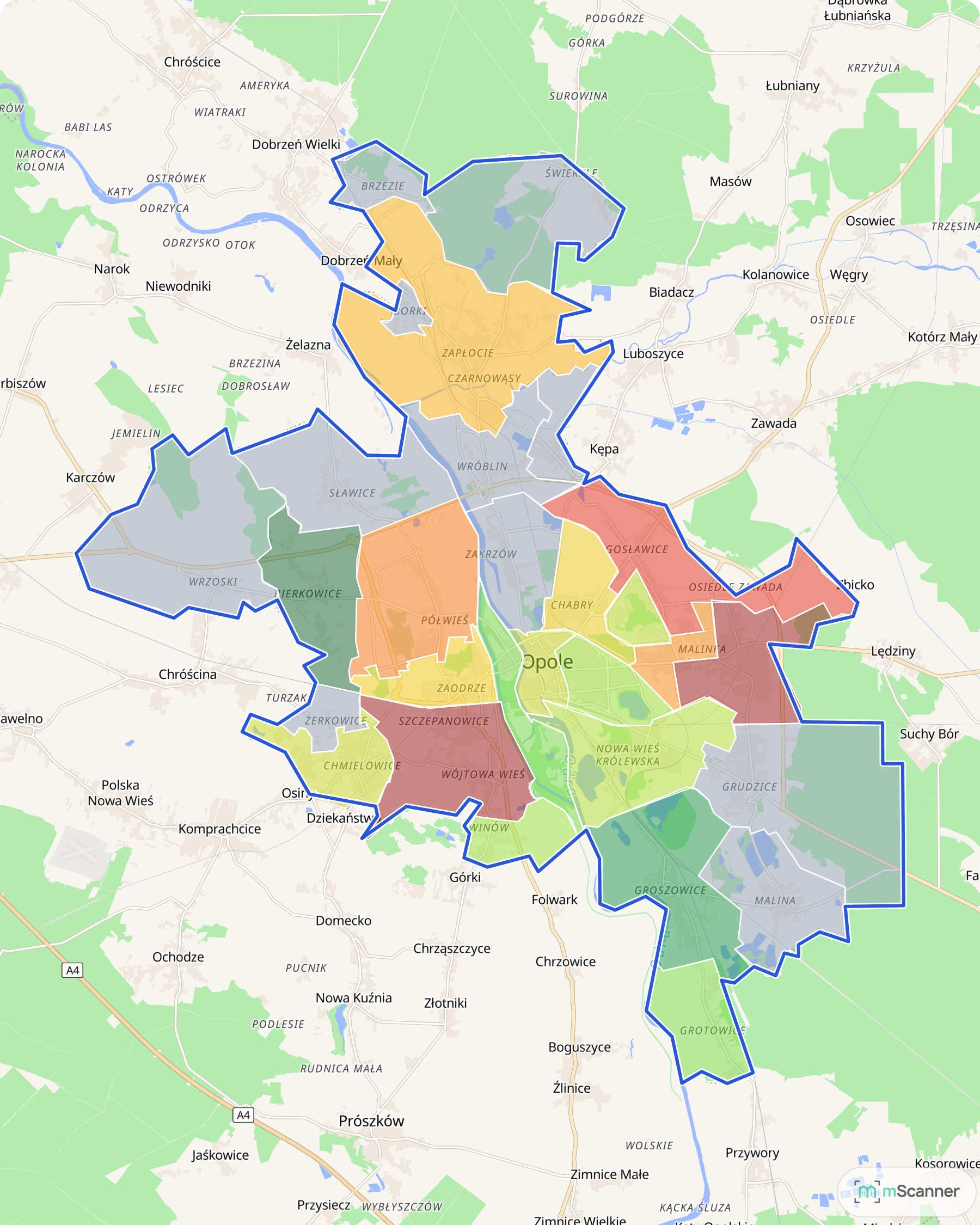 Mapa cen transakcyjnych mieszkań w Opolu z podziałem na 29 dzielnic, z niebieskim obrysem granic miasta. Najciemniejsze pola leżą na wschodnim krańcu, w Gosławicach i Kolonii Gosławickiej, najjaśniejsze na południu, w Groszowicach.