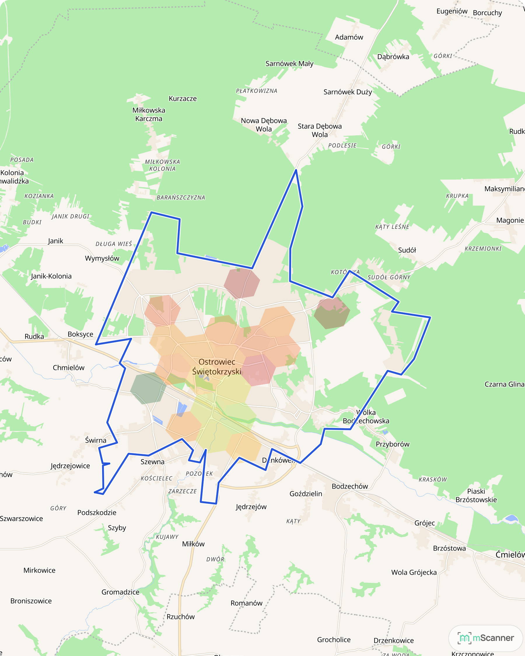 Mapa cen transakcyjnych mieszkań w Ostrowcu Świętokrzyskim, z niebieskim obrysem granic miasta i polami cen skupionymi na osiedlach Ogrody, Rosochy, Stawki i Słoneczne.