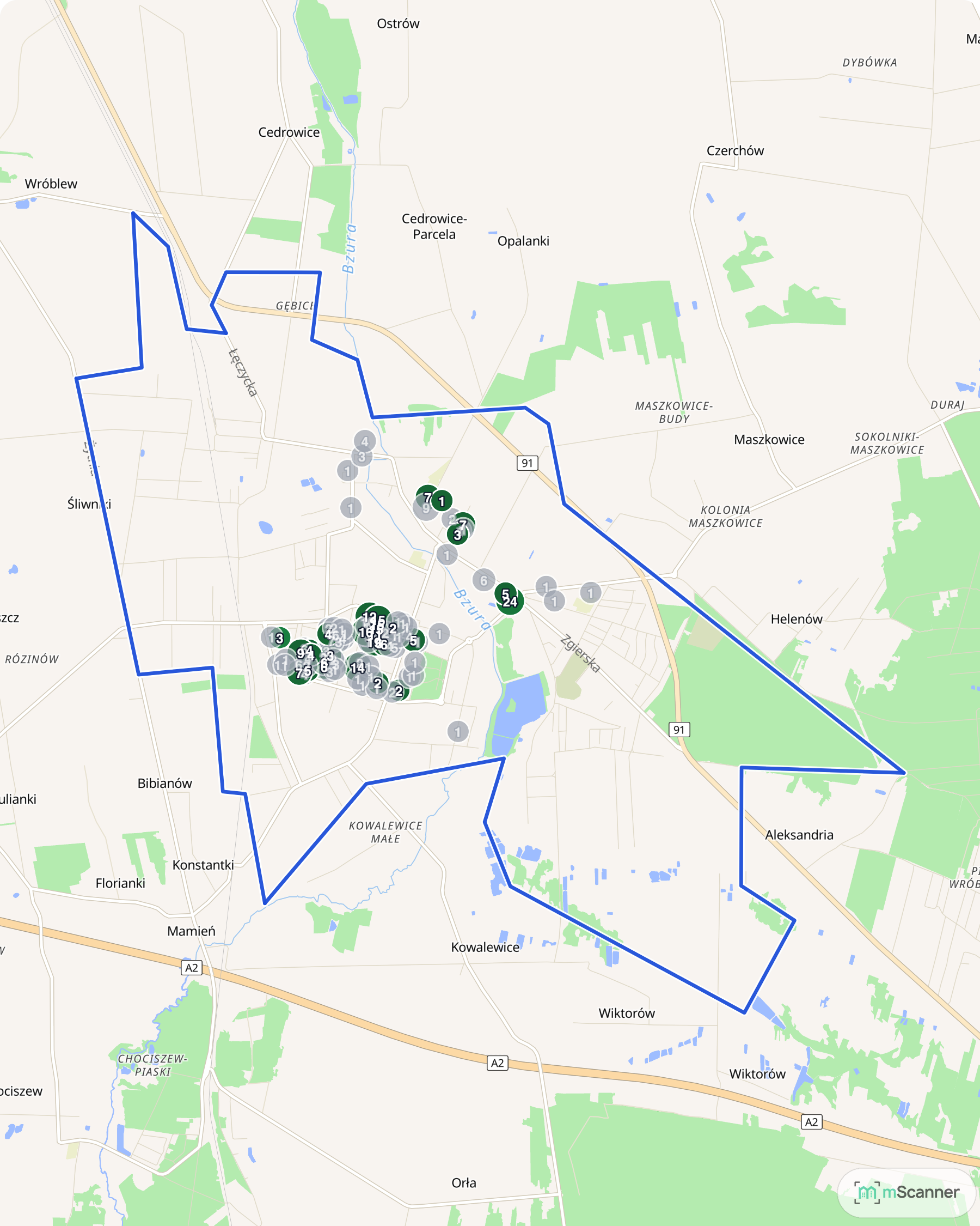 Mapa cen transakcyjnych mieszkań w Ozorkowie z niebieskim obrysem granic miasta, wszystkie transakcje skupione w jednym miejscu w zachodniej części
