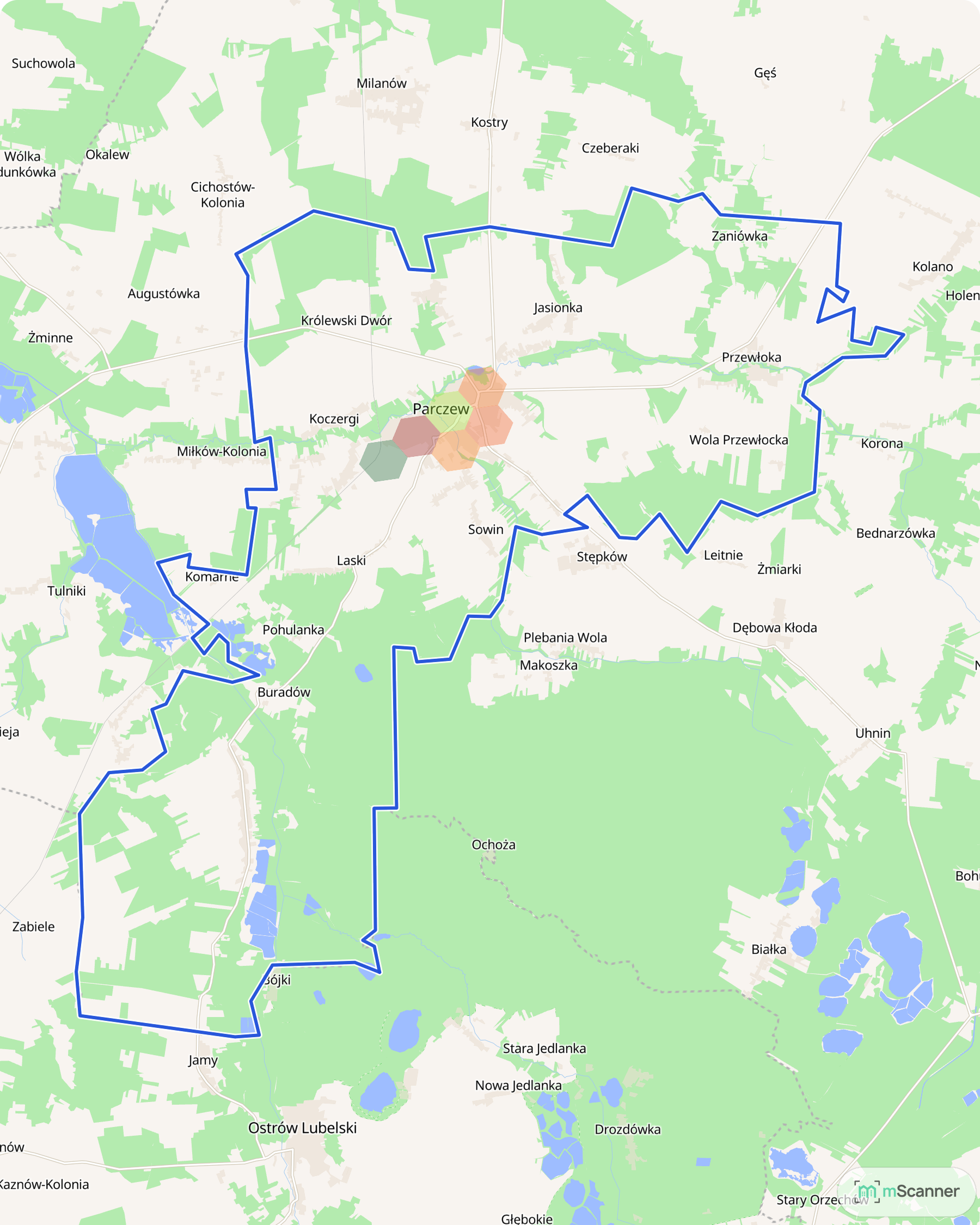 Mapa cen transakcyjnych mieszkań w gminie Parczew, z niebieskim obrysem granic gminy i kolorowymi polami cen skupionymi w samym mieście.