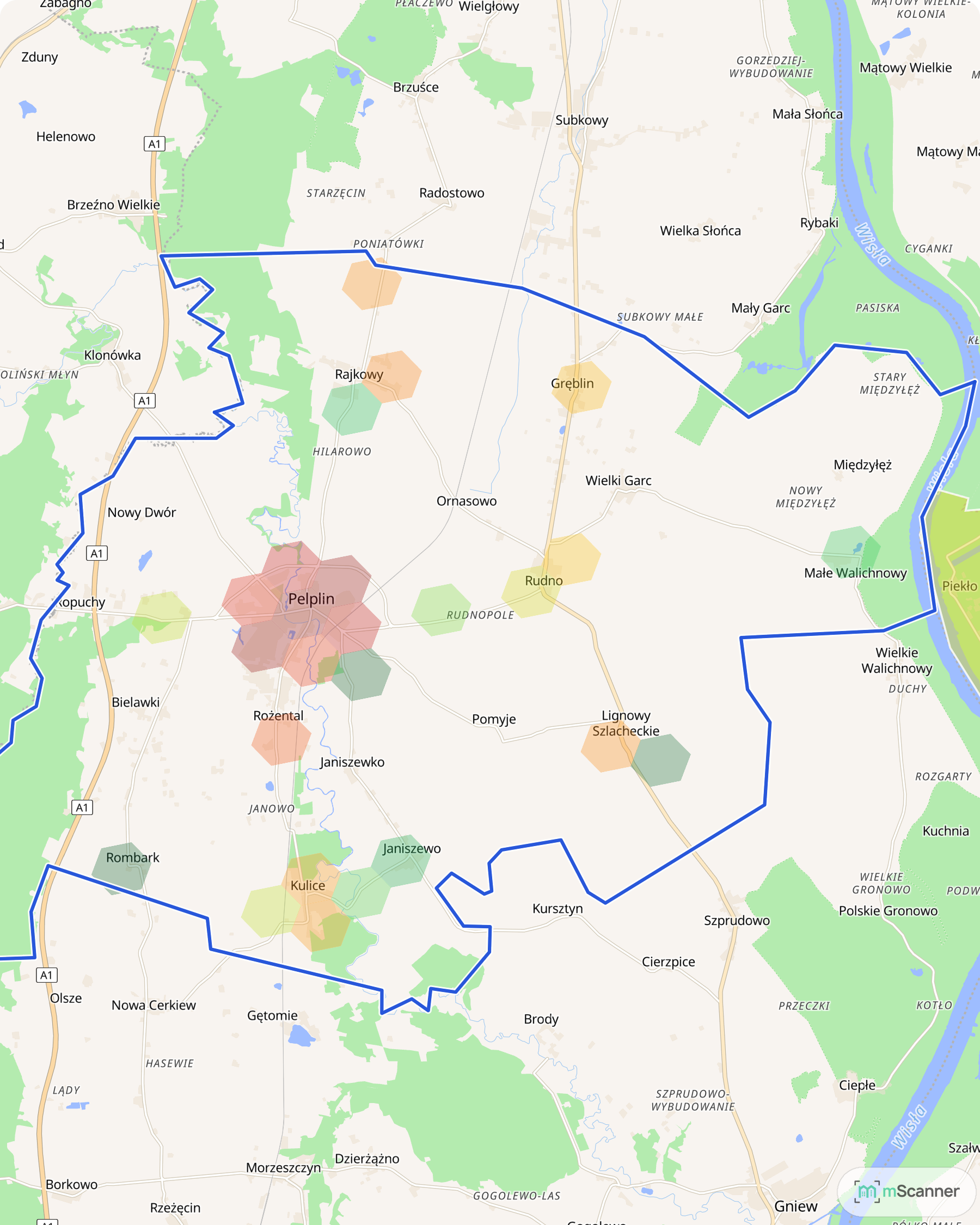 Mapa gminy Pelplin z niebieską granicą administracyjną i siatką sześciokątów pokolorowanych według mediany ceny transakcyjnej, nad Wierzycą na Kociewiu