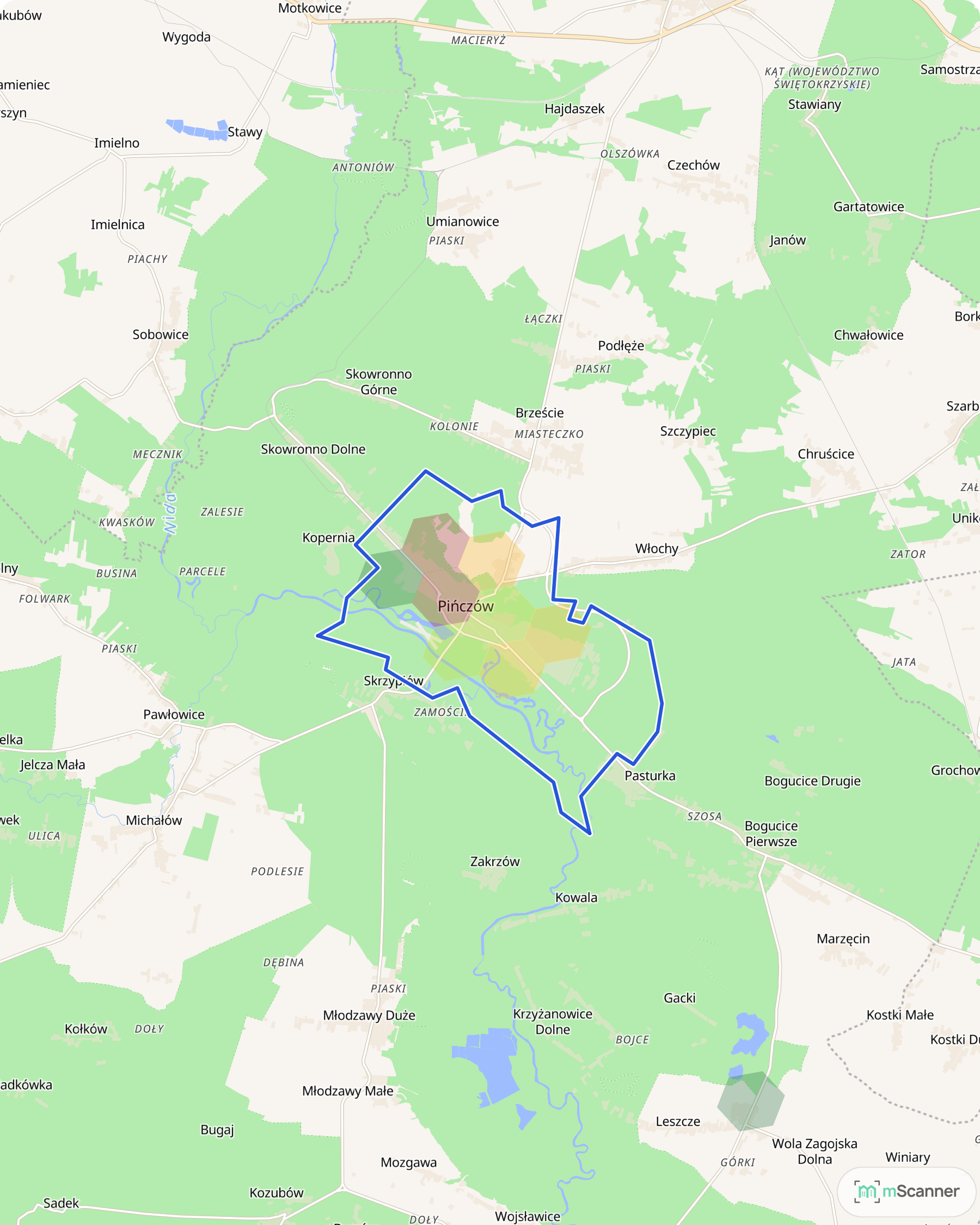 Mapa cen transakcyjnych mieszkań w Pińczowie, z niebieskim obrysem granic miasta nad Nidą i polami cen wokół centrum.