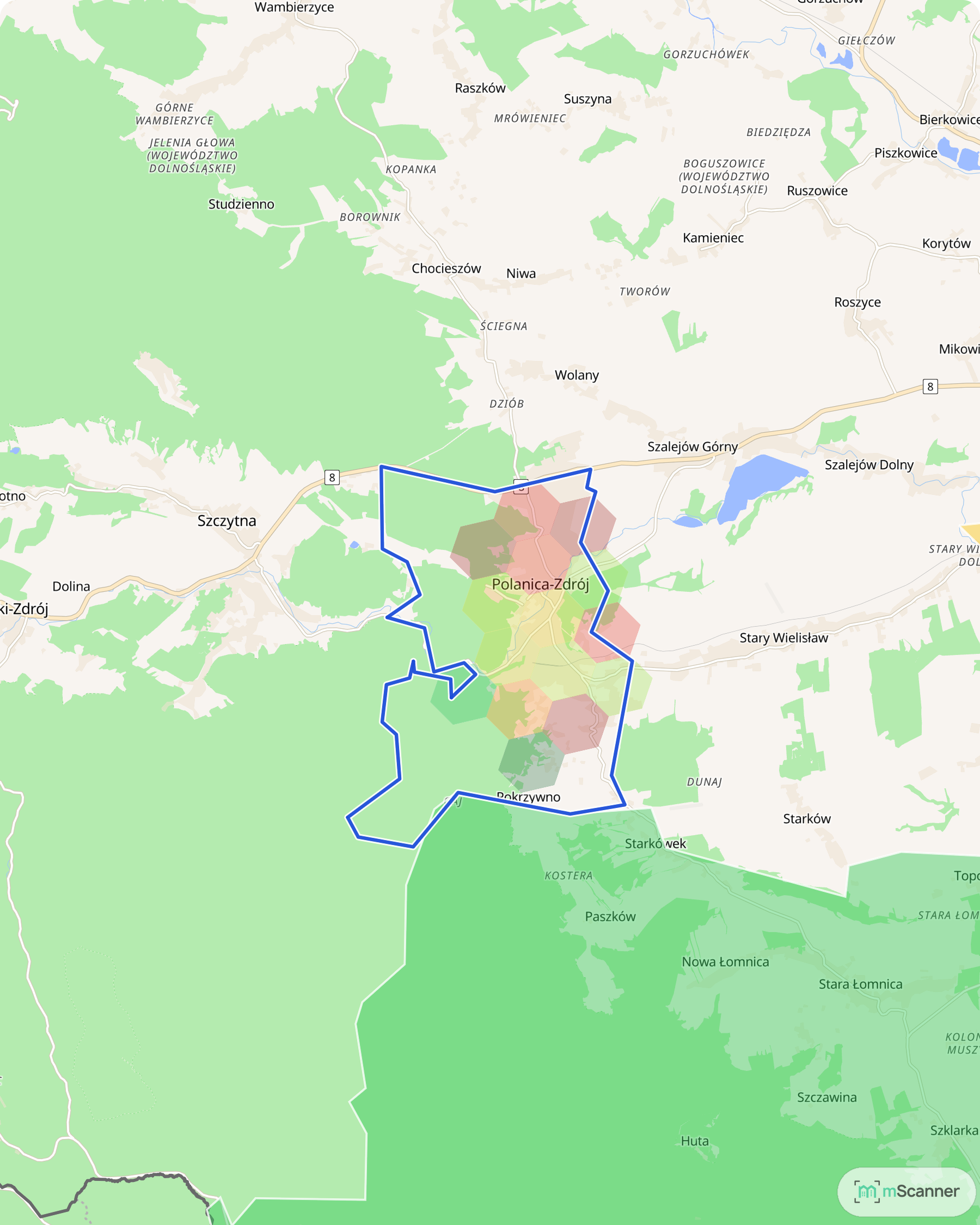 Mapa cen transakcyjnych mieszkań w Polanicy-Zdroju, z niebieskim obrysem granic i kolorowanymi obszarami cen.