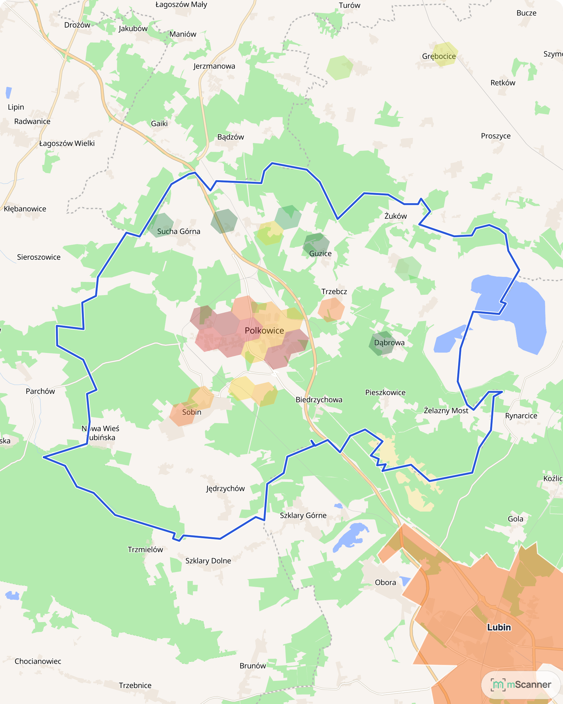Mapa cen transakcyjnych mieszkań w gminie Polkowice, z niebieskim obrysem granic i kolorowanymi obszarami cen.