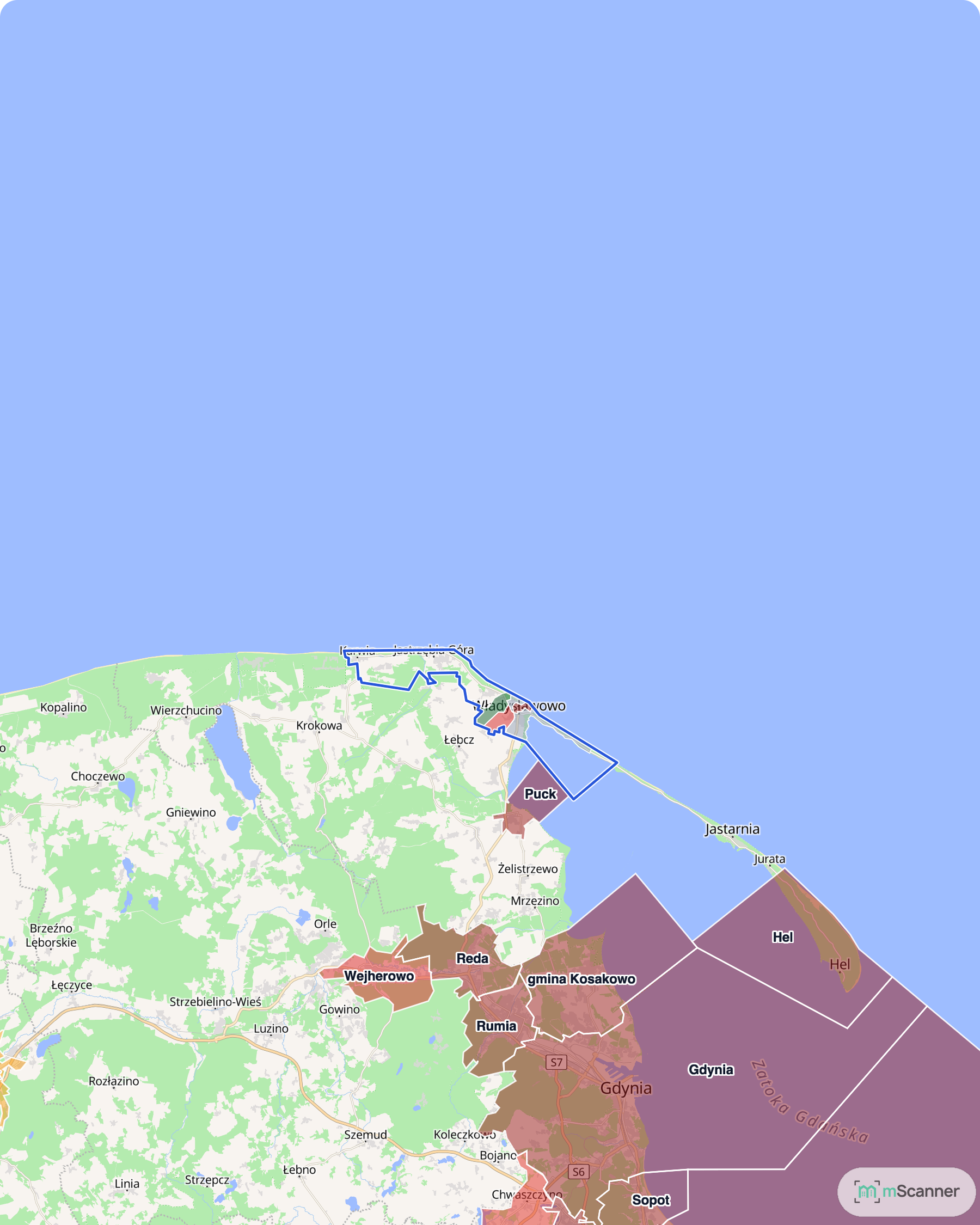 Mapa wybrzeża od Władysławowa po Mierzeję Wiślaną z niebieską granicą gminy Władysławowo i obszarami pokolorowanymi według mediany ceny transakcyjnej